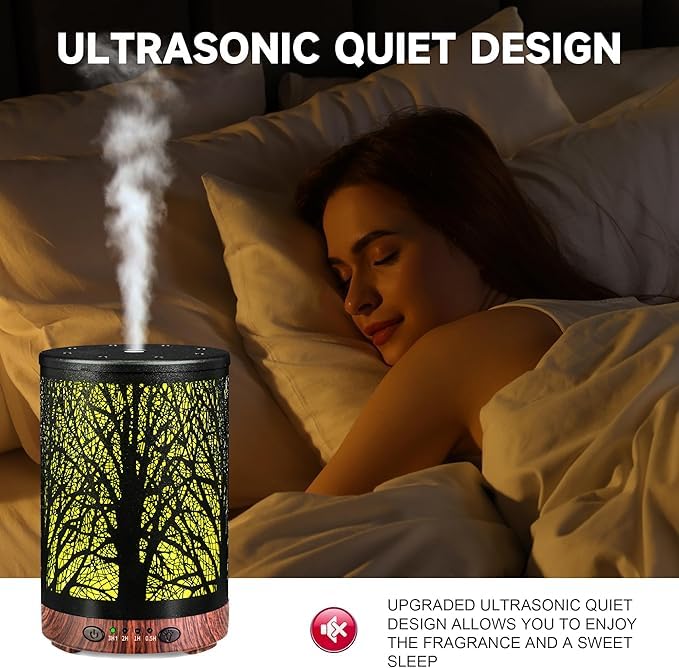 Essential Oil Diffuser 120ML Metal Aromatherapy Diffuser, Cool Mist Humidifier with Auto Shut-Off Protection 7 Color Lights for Home Office Spa (Tree)
