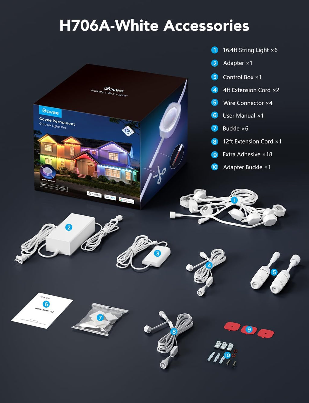 Govee Permanent Outdoor Lights Pro, 200ft with 120 RGBIC LED Lights for Daily and Accent Lighting, 75 Scene Modes for Outdoor Decor, IP67 Waterproof, Works with Alexa, Google Assistant, Matter, White