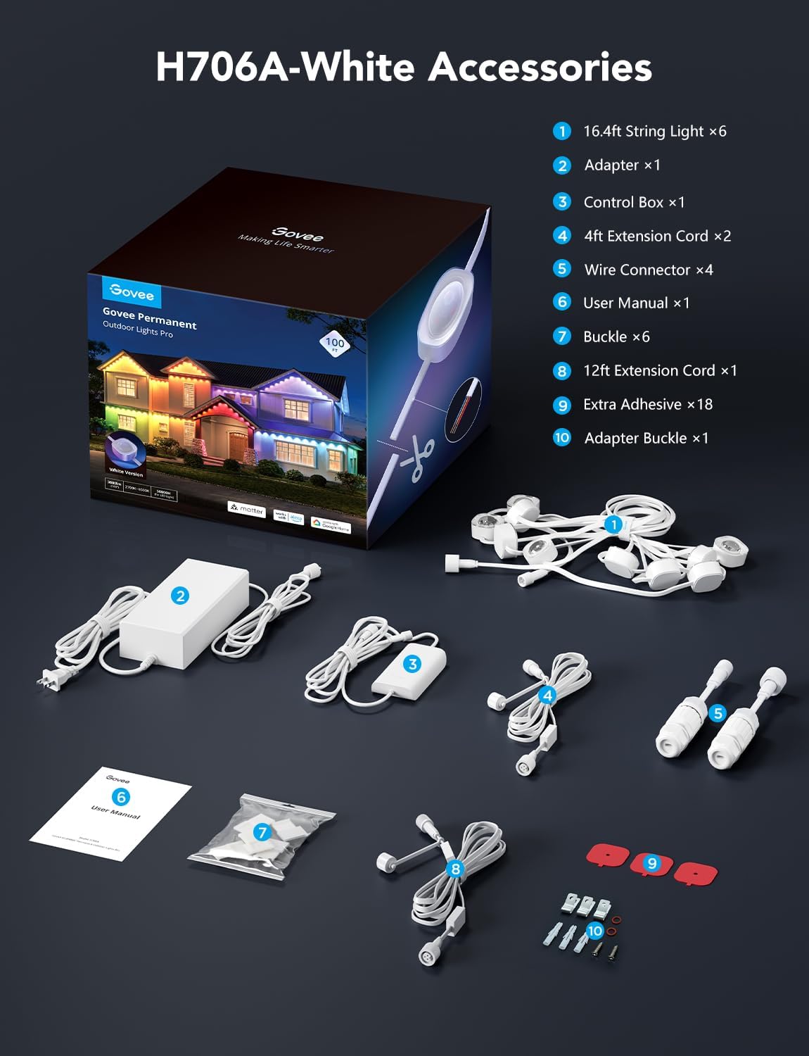 Govee Permanent Outdoor Lights Pro, 200ft with 120 RGBIC LED Lights for Daily and Accent Lighting, 75 Scene Modes for Outdoor Decor, IP67 Waterproof, Works with Alexa, Google Assistant, Matter, White