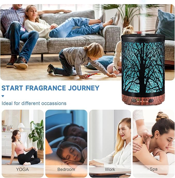Essential Oil Diffuser 120ML Metal Aromatherapy Diffuser, Cool Mist Humidifier with Auto Shut-Off Protection 7 Color Lights for Home Office Spa (Tree)