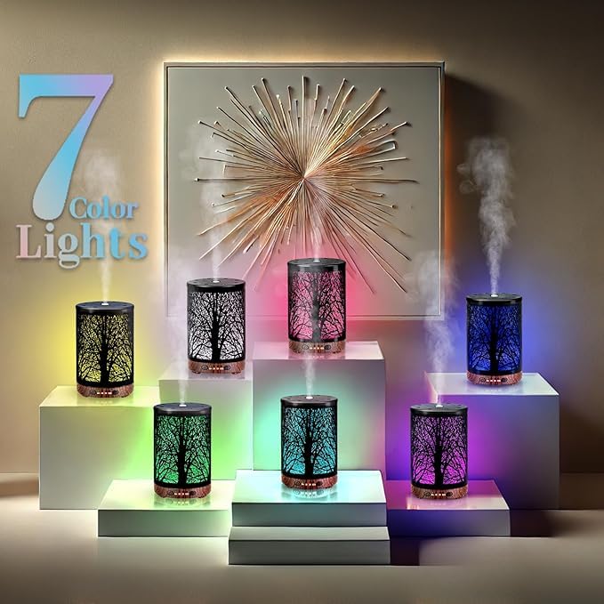 Essential Oil Diffuser 120ML Metal Aromatherapy Diffuser, Cool Mist Humidifier with Auto Shut-Off Protection 7 Color Lights for Home Office Spa (Tree)