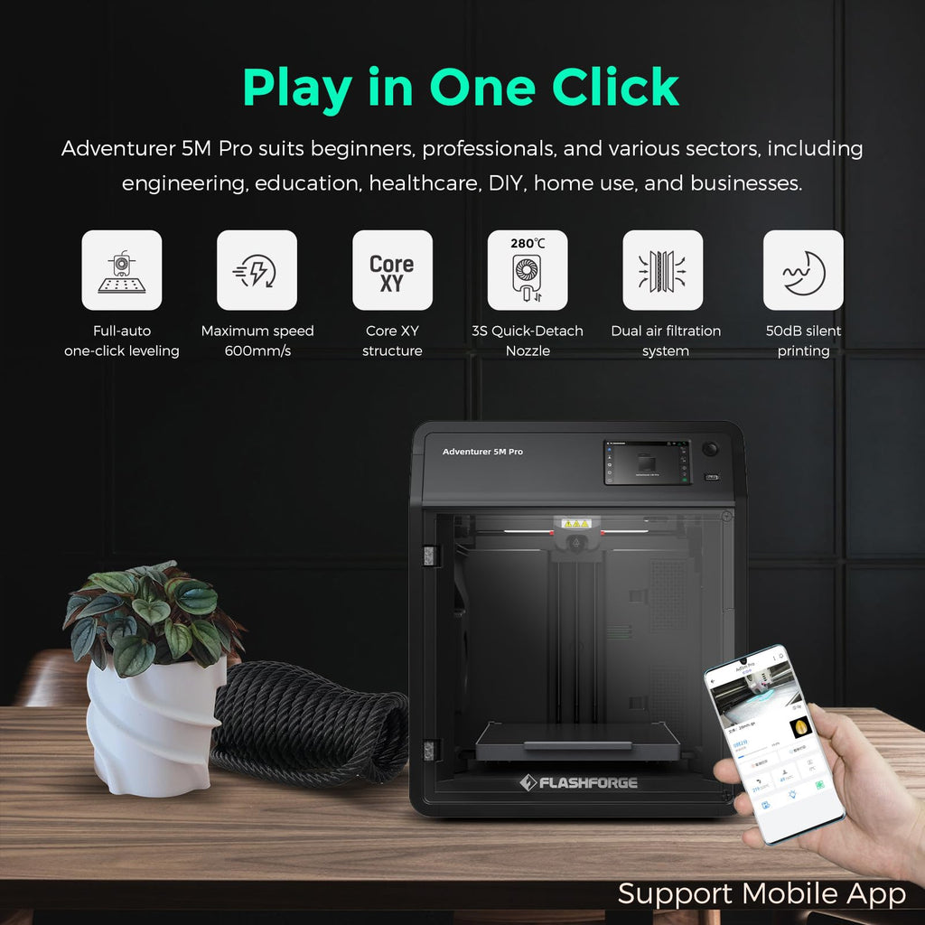 FLASHFORGE Adventurer 5M 3D Printer with Fully Auto Leveling, Max 600mm/s High Speed Printing, 280°C Direct Extruder with 3S Detachable Nozzle, CoreXY All Metal Structure, Print Size 220x220x220mm