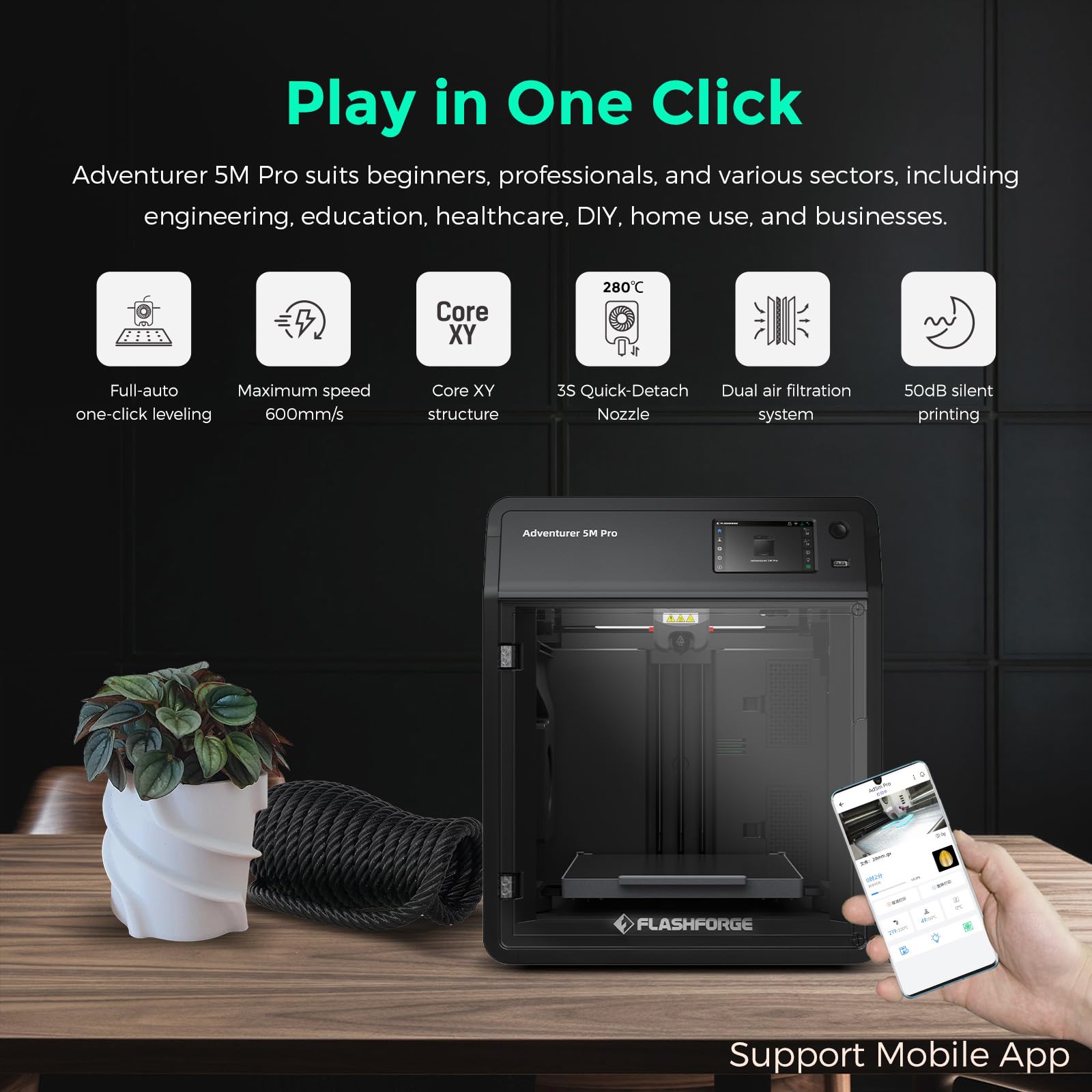 FLASHFORGE Adventurer 5M 3D Printer with Fully Auto Leveling, Max 600mm/s High Speed Printing, 280°C Direct Extruder with 3S Detachable Nozzle, CoreXY All Metal Structure, Print Size 220x220x220mm