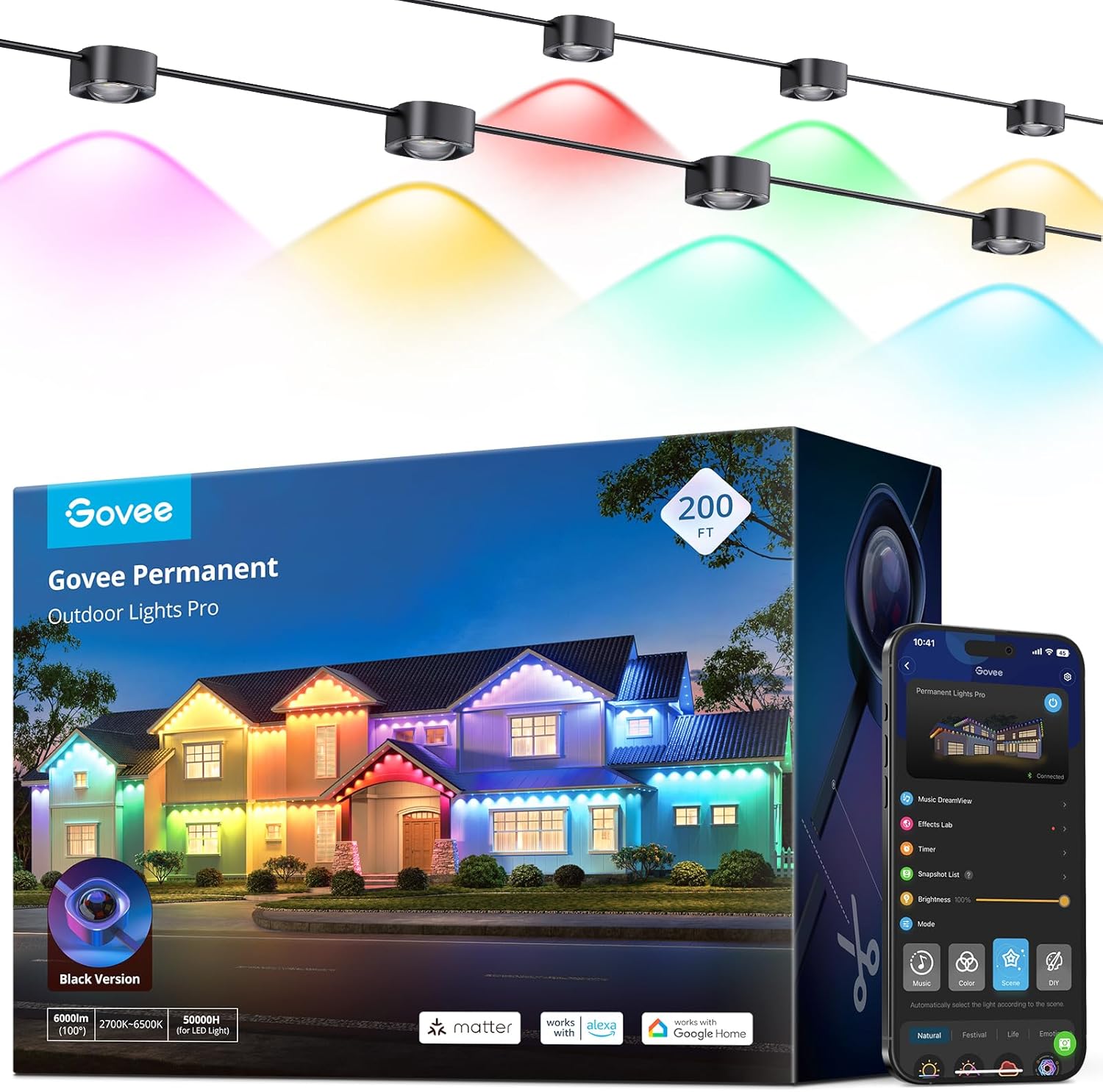 Govee Permanent Outdoor Lights Pro, 200ft with 120 RGBIC LED Lights for Daily and Accent Lighting, 75 Scene Modes for Outdoor Decor, IP67 Waterproof, Works with Alexa, Google Assistant, Matter, White