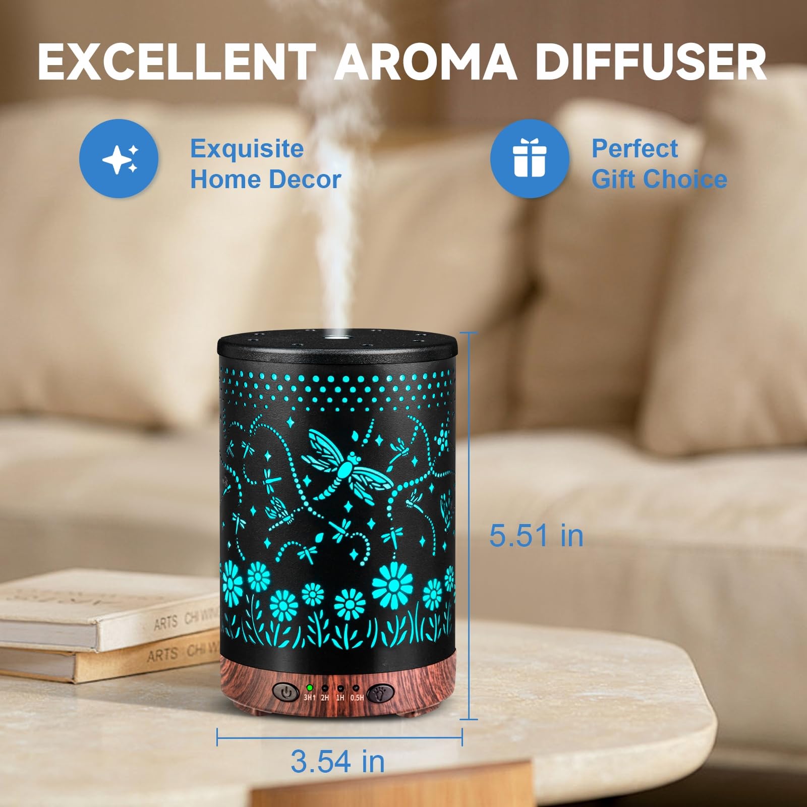 Essential Oil Diffuser 120ML Metal Aromatherapy Diffuser, Cool Mist Humidifier with Auto Shut-Off Protection 7 Color Lights for Home Office Spa (Tree)