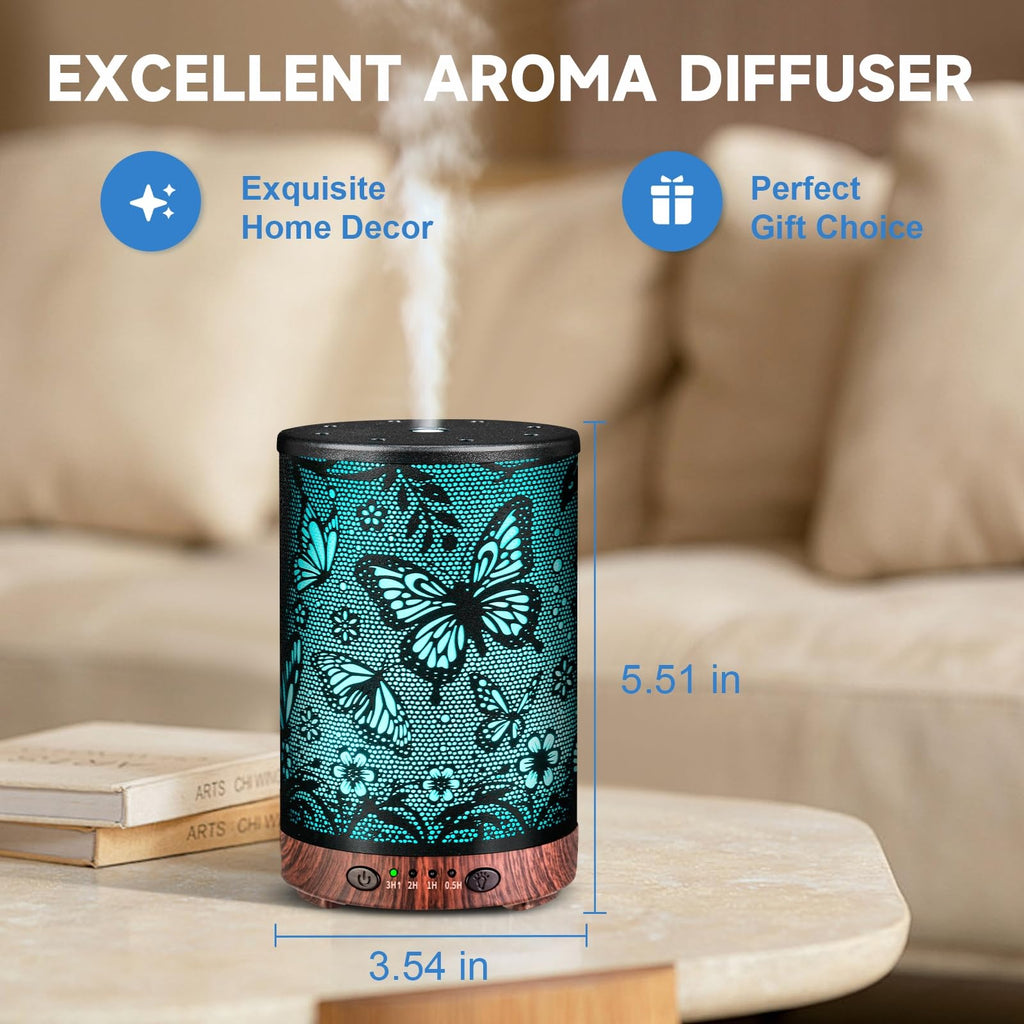 Essential Oil Diffuser 120ML Metal Aromatherapy Diffuser, Cool Mist Humidifier with Auto Shut-Off Protection 7 Color Lights for Home Office Spa (Tree)