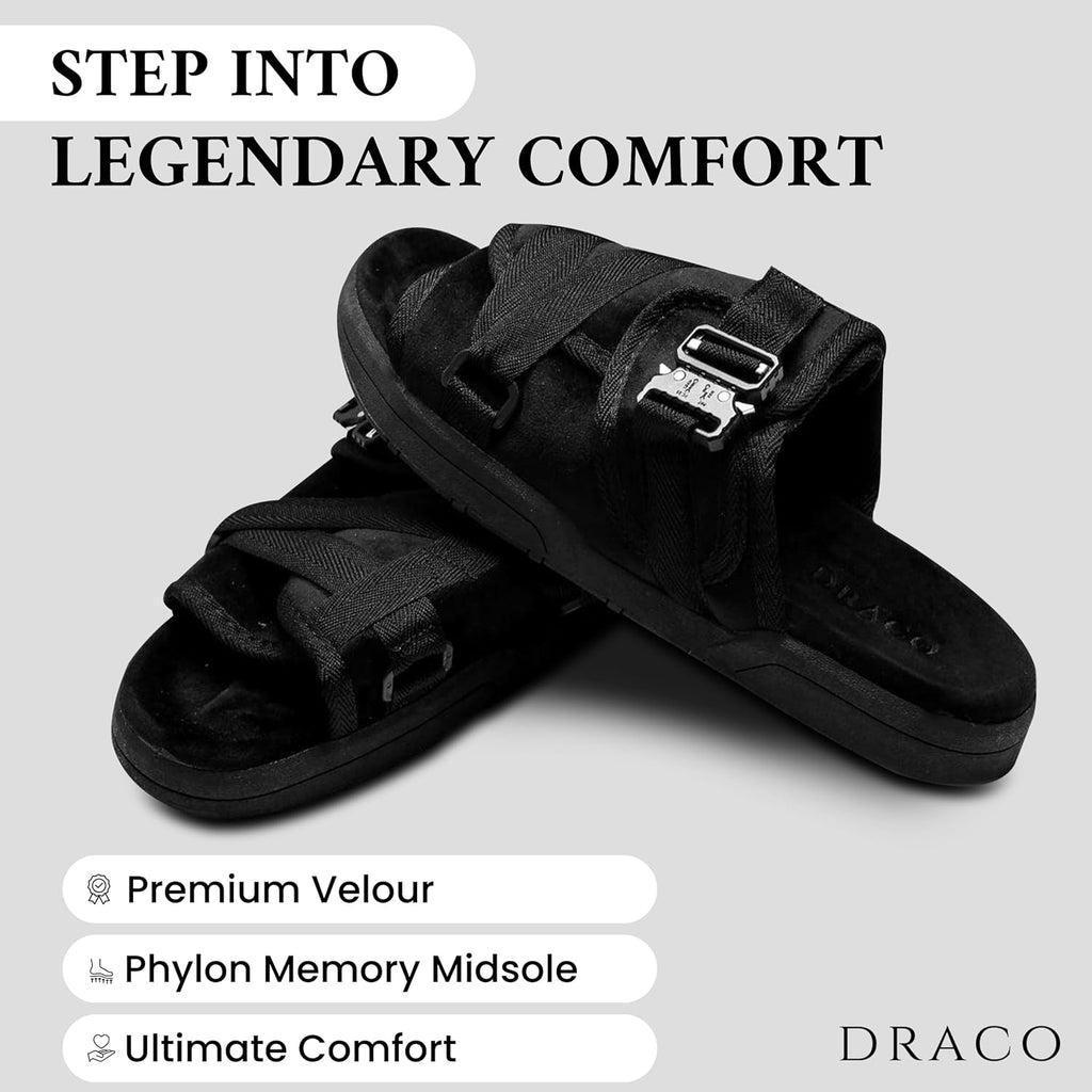Draco DracoSlides Remastered Slides for Men and Women - Covered in Premium Velour with Adjustable Straps for Wide/Narrow Feet, Sandals with Arch Support & Slip Resistant, Black (Men 9-10/Women 10-11)