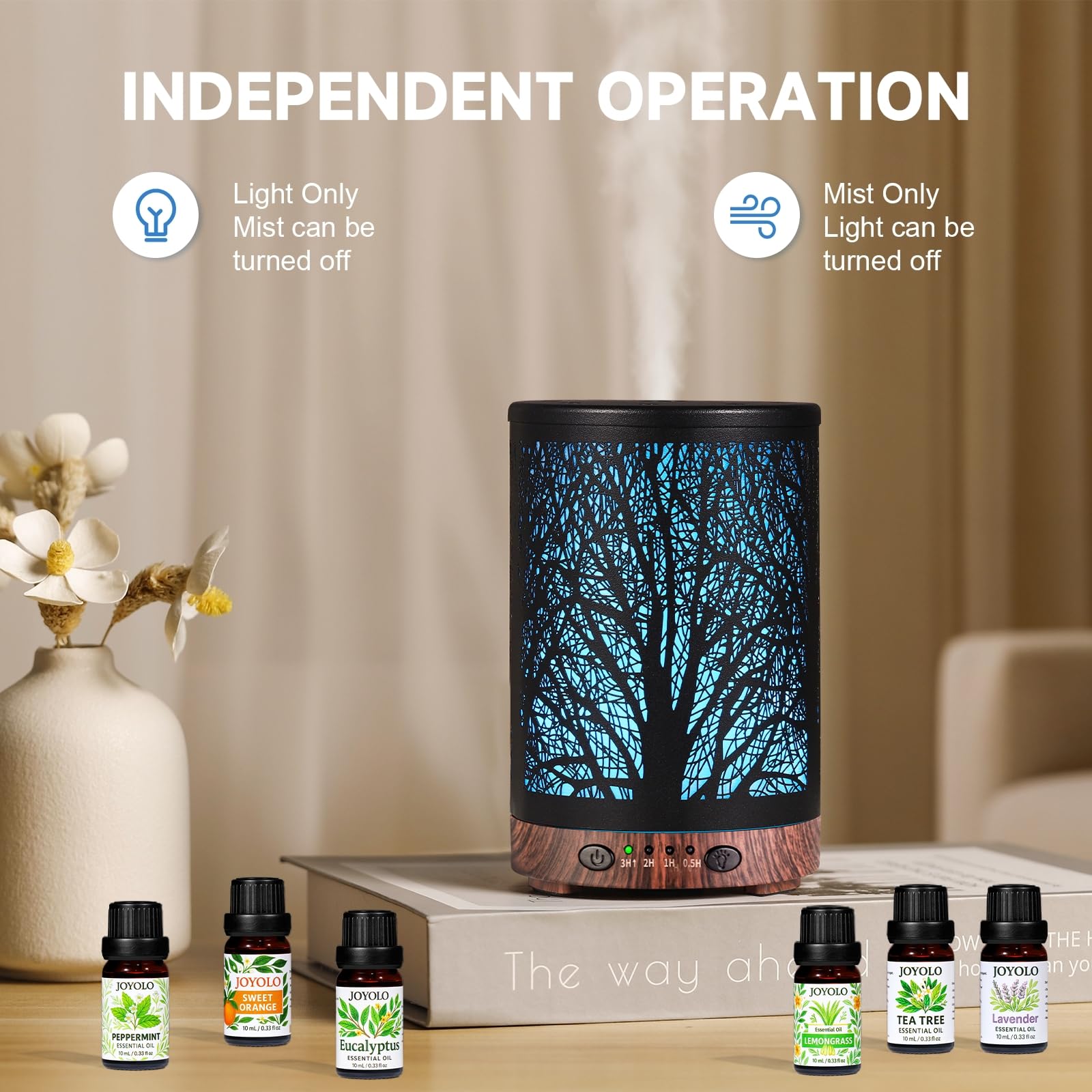 Essential Oil Diffuser 120ML Metal Aromatherapy Diffuser, Cool Mist Humidifier with Auto Shut-Off Protection 7 Color Lights for Home Office Spa (Tree)