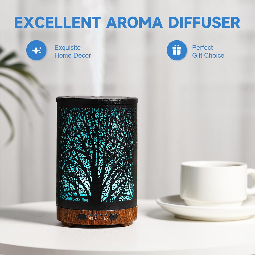 Essential Oil Diffuser 120ML Metal Aromatherapy Diffuser, Cool Mist Humidifier with Auto Shut-Off Protection 7 Color Lights for Home Office Spa (Tree)