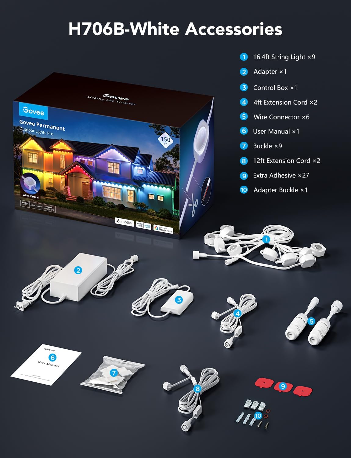 Govee Permanent Outdoor Lights Pro, 200ft with 120 RGBIC LED Lights for Daily and Accent Lighting, 75 Scene Modes for Outdoor Decor, IP67 Waterproof, Works with Alexa, Google Assistant, Matter, White