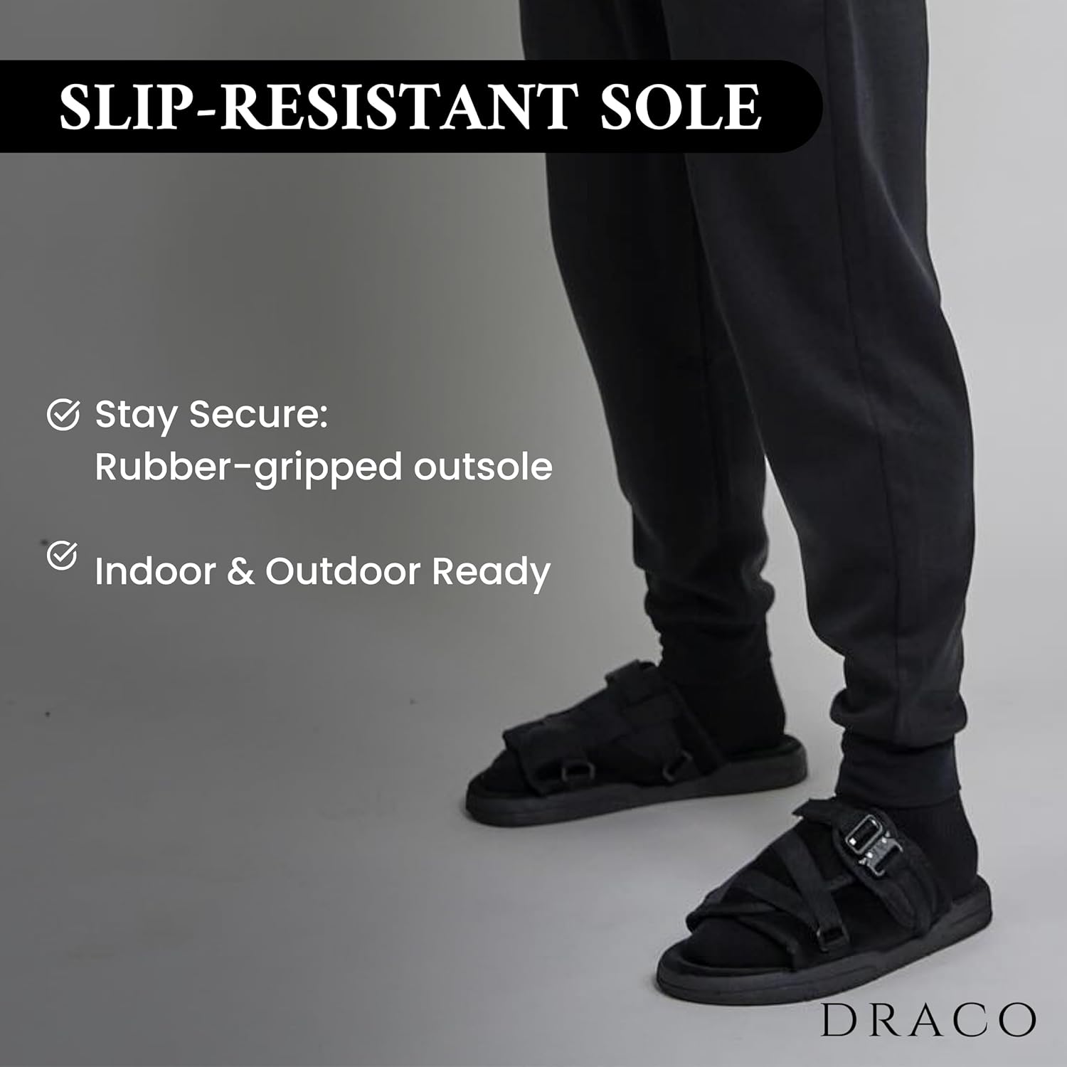 Draco DracoSlides Remastered Slides for Men and Women - Covered in Premium Velour with Adjustable Straps for Wide/Narrow Feet, Sandals with Arch Support & Slip Resistant, Black (Men 9-10/Women 10-11)