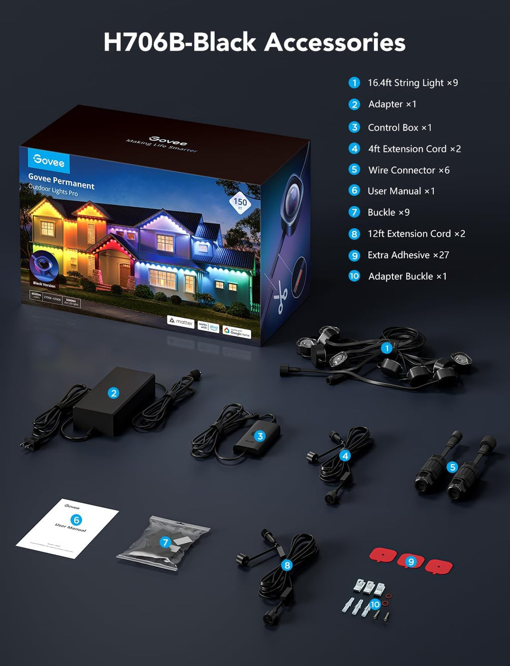 Govee Permanent Outdoor Lights Pro, 200ft with 120 RGBIC LED Lights for Daily and Accent Lighting, 75 Scene Modes for Outdoor Decor, IP67 Waterproof, Works with Alexa, Google Assistant, Matter, White