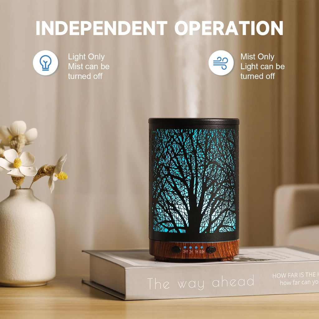 Essential Oil Diffuser 120ML Metal Aromatherapy Diffuser, Cool Mist Humidifier with Auto Shut-Off Protection 7 Color Lights for Home Office Spa (Tree)