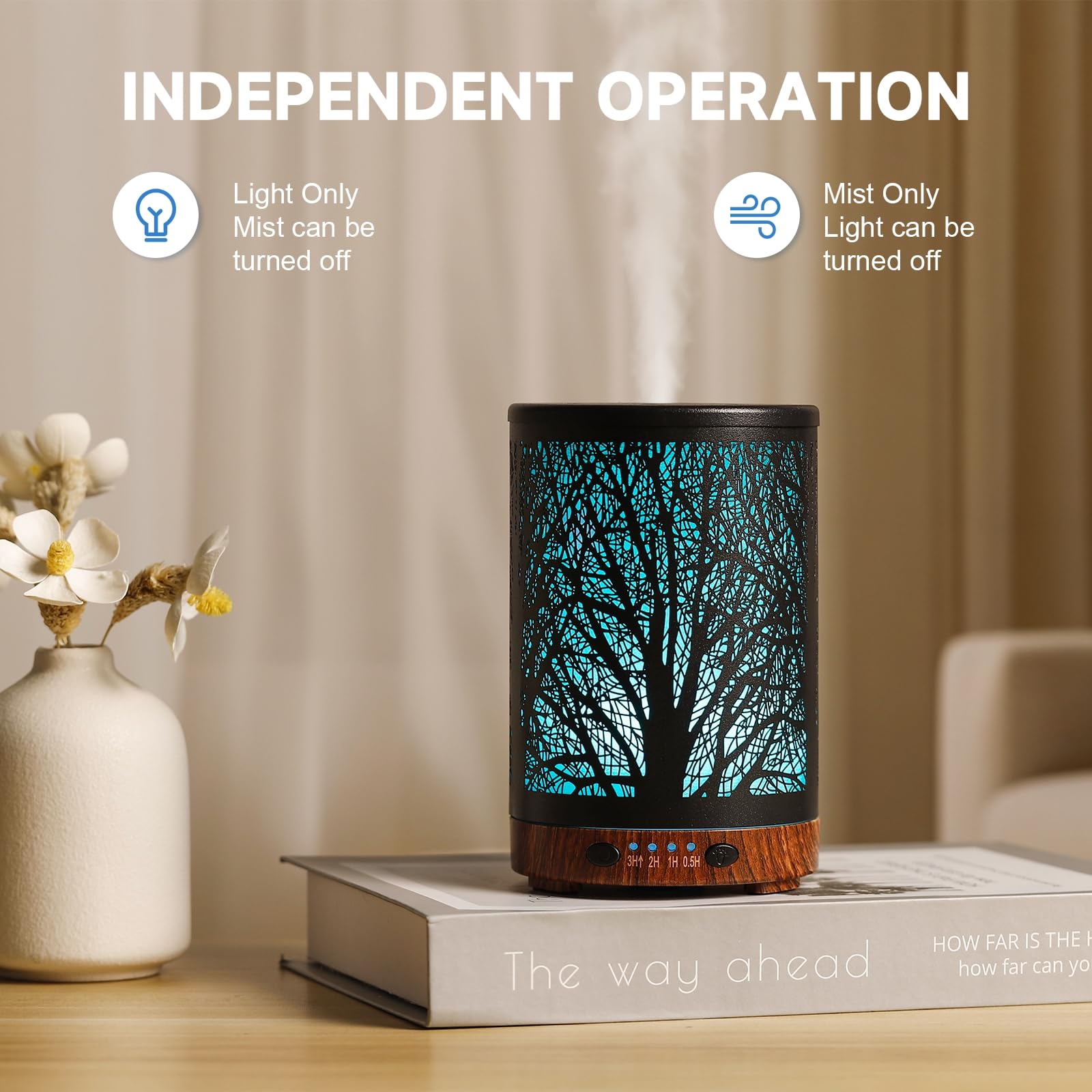 Essential Oil Diffuser 120ML Metal Aromatherapy Diffuser, Cool Mist Humidifier with Auto Shut-Off Protection 7 Color Lights for Home Office Spa (Tree)