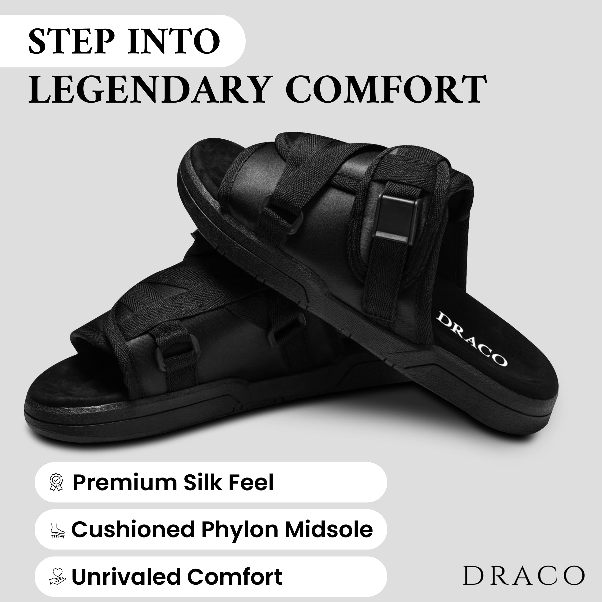 DracoSlides Original Slides for Men and Women, Made from Silk with Adjustable Straps for Wide/Narrow Feet, Sandals with Arch Support & Slip Resistant, Men & Women Footwear, Black