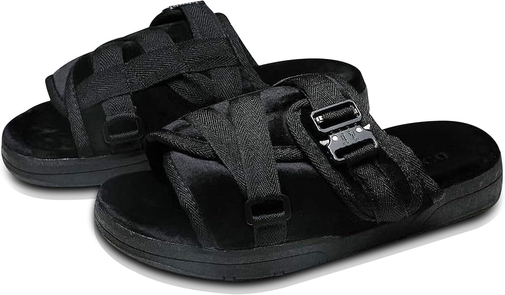 Draco DracoSlides Remastered Slides for Men and Women - Covered in Premium Velour with Adjustable Straps for Wide/Narrow Feet, Sandals with Arch Support & Slip Resistant, Black (Men 9-10/Women 10-11)