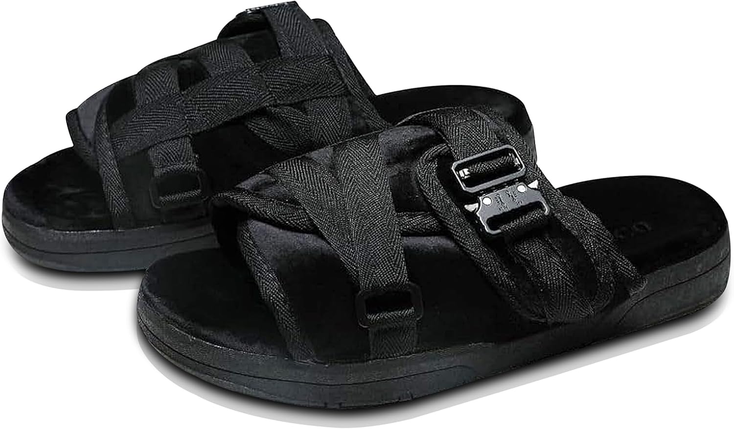 Draco DracoSlides Remastered Slides for Men and Women - Covered in Premium Velour with Adjustable Straps for Wide/Narrow Feet, Sandals with Arch Support & Slip Resistant, Black (Men 9-10/Women 10-11)