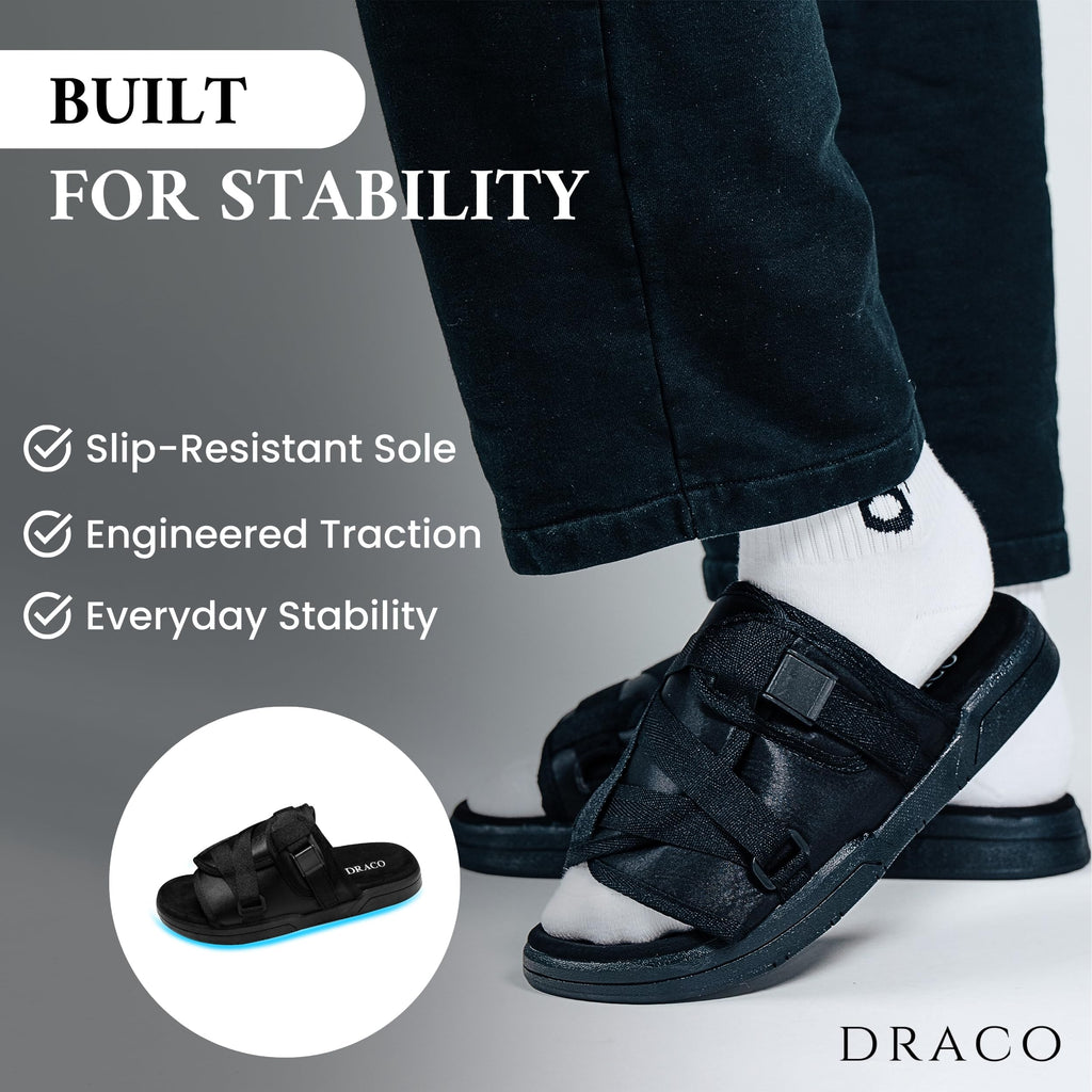 DracoSlides Original Slides for Men and Women, Made from Silk with Adjustable Straps for Wide/Narrow Feet, Sandals with Arch Support & Slip Resistant, Men & Women Footwear, Black