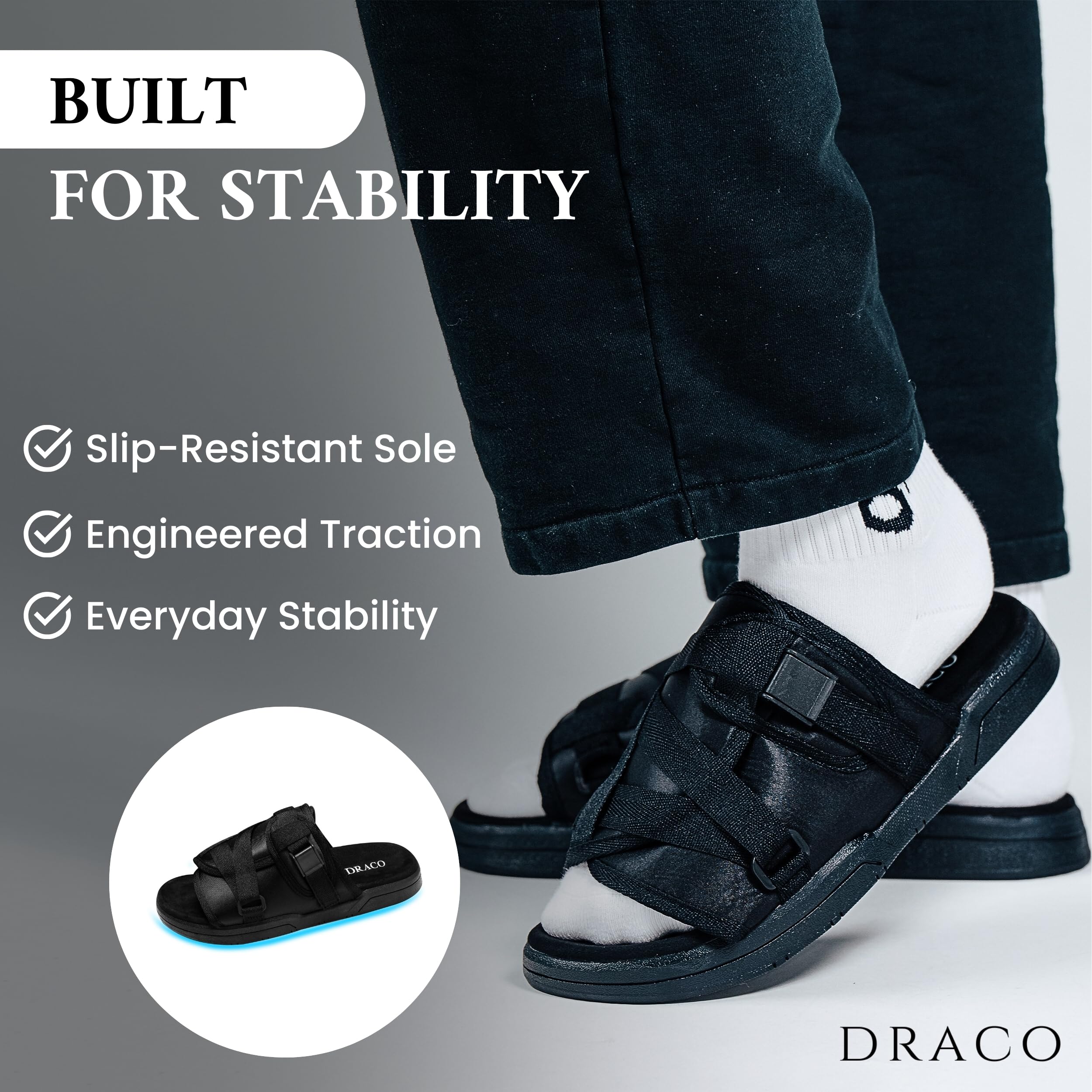 DracoSlides Original Slides for Men and Women, Made from Silk with Adjustable Straps for Wide/Narrow Feet, Sandals with Arch Support & Slip Resistant, Men & Women Footwear, Black