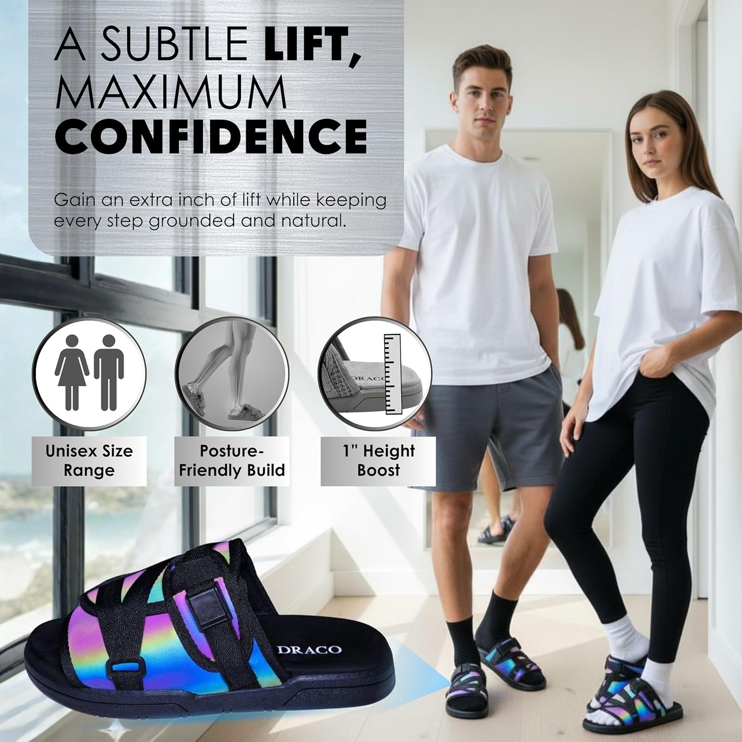 Draco DracoSlides Reflective Slides for Men and Women, Wrapped in Reflective 3M with Adjustable Straps for Wide/Narrow Feet, Sandals with Arch Support & Slip Resistant, Men & Women Footwear, Black