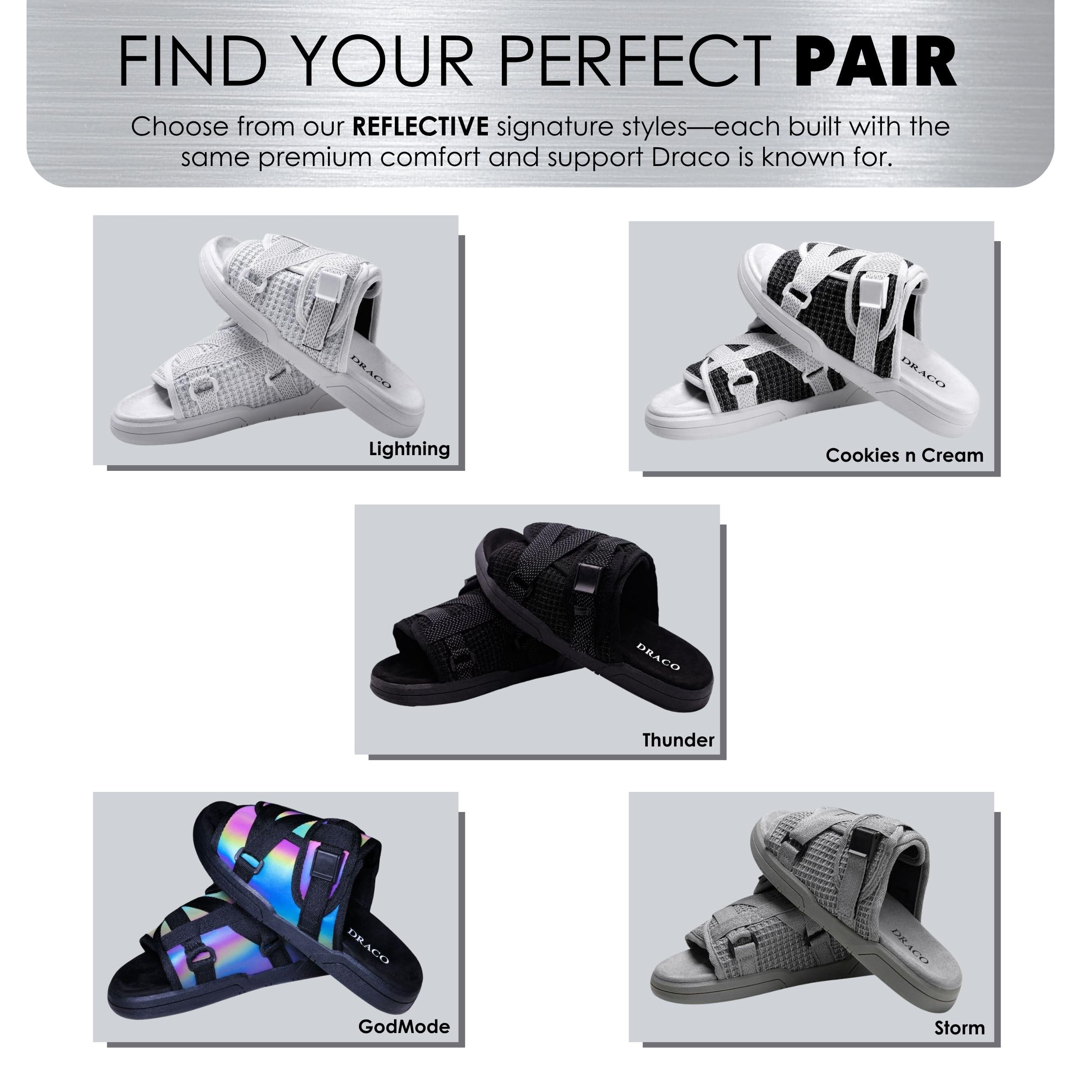 Draco DracoSlides Reflective Slides for Men and Women, Wrapped in Reflective 3M with Adjustable Straps for Wide/Narrow Feet, Sandals with Arch Support & Slip Resistant, Men & Women Footwear, Black