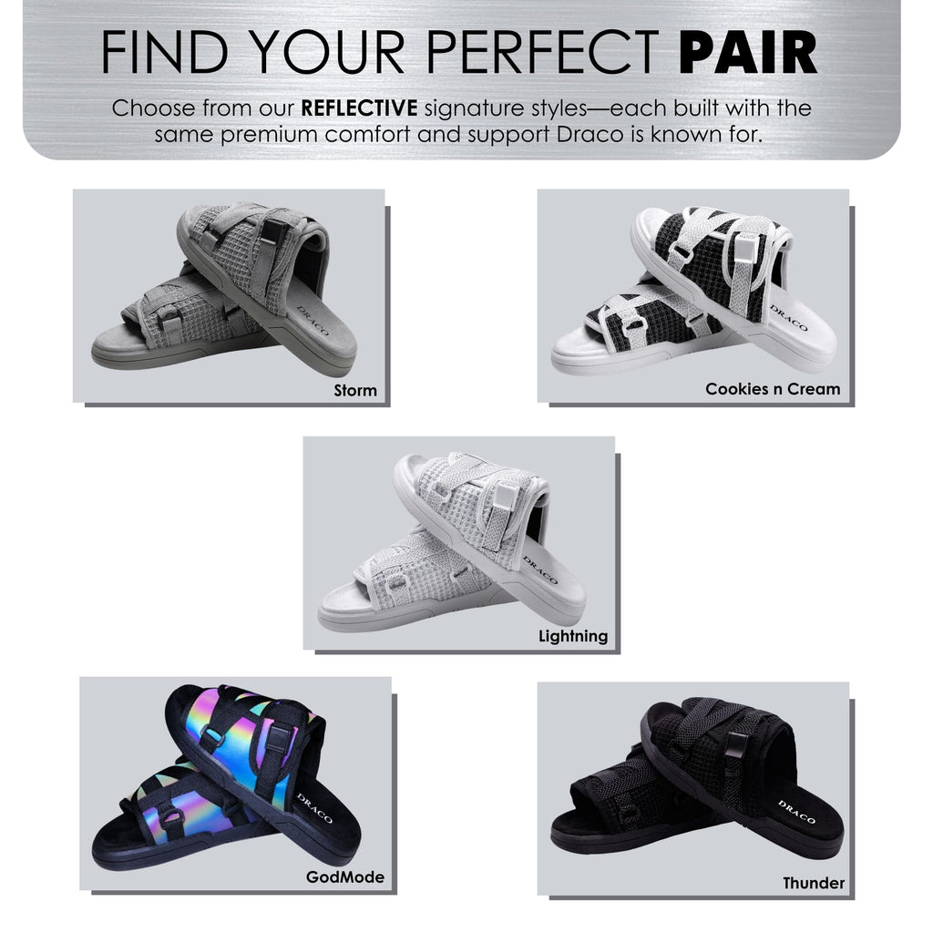 Draco DracoSlides Reflective Slides for Men and Women, Wrapped in Reflective 3M with Adjustable Straps for Wide/Narrow Feet, Sandals with Arch Support & Slip Resistant, Men & Women Footwear, Black