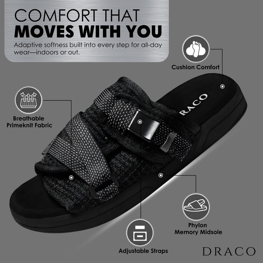 Draco DracoSlides Reflective Slides for Men and Women, Wrapped in Reflective 3M with Adjustable Straps for Wide/Narrow Feet, Sandals with Arch Support & Slip Resistant, Men & Women Footwear, Black