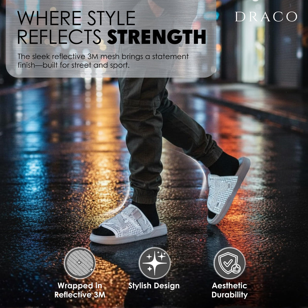 Draco DracoSlides Reflective Slides for Men and Women, Wrapped in Reflective 3M with Adjustable Straps for Wide/Narrow Feet, Sandals with Arch Support & Slip Resistant, Men & Women Footwear, Black