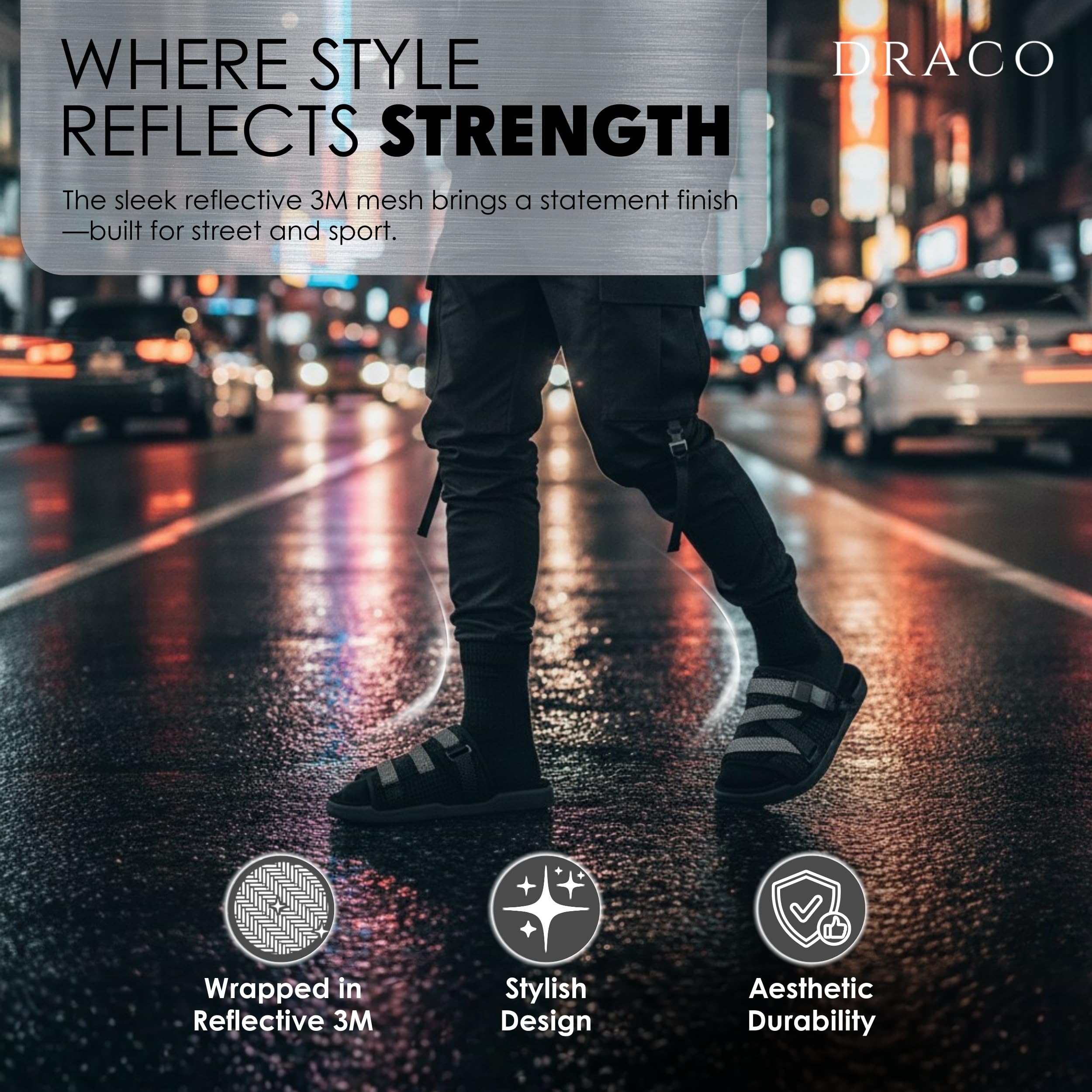 Draco DracoSlides Reflective Slides for Men and Women, Wrapped in Reflective 3M with Adjustable Straps for Wide/Narrow Feet, Sandals with Arch Support & Slip Resistant, Men & Women Footwear, Black