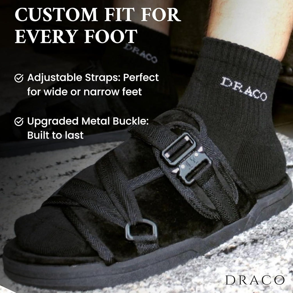 Draco DracoSlides Remastered Slides for Men and Women - Covered in Premium Velour with Adjustable Straps for Wide/Narrow Feet, Sandals with Arch Support & Slip Resistant, Black (Men 9-10/Women 10-11)