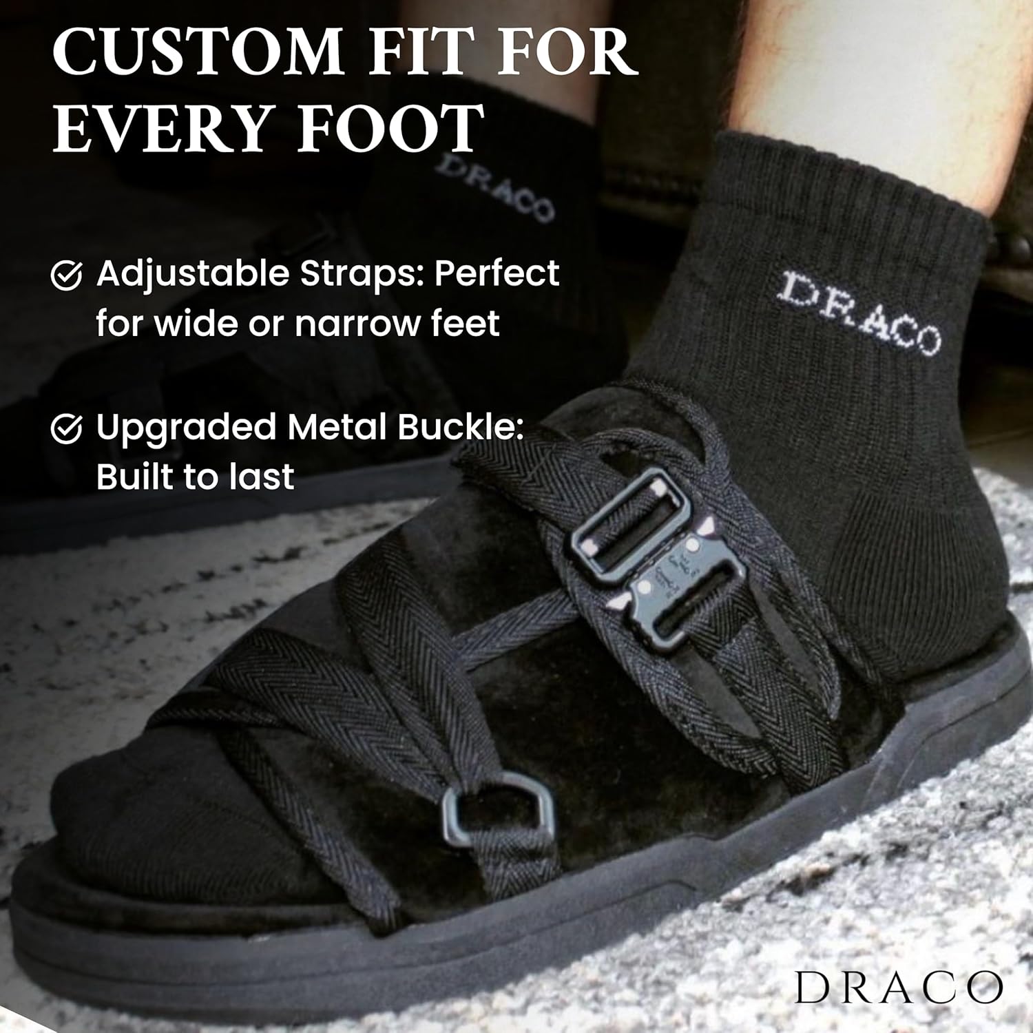 Draco DracoSlides Remastered Slides for Men and Women - Covered in Premium Velour with Adjustable Straps for Wide/Narrow Feet, Sandals with Arch Support & Slip Resistant, Black (Men 9-10/Women 10-11)