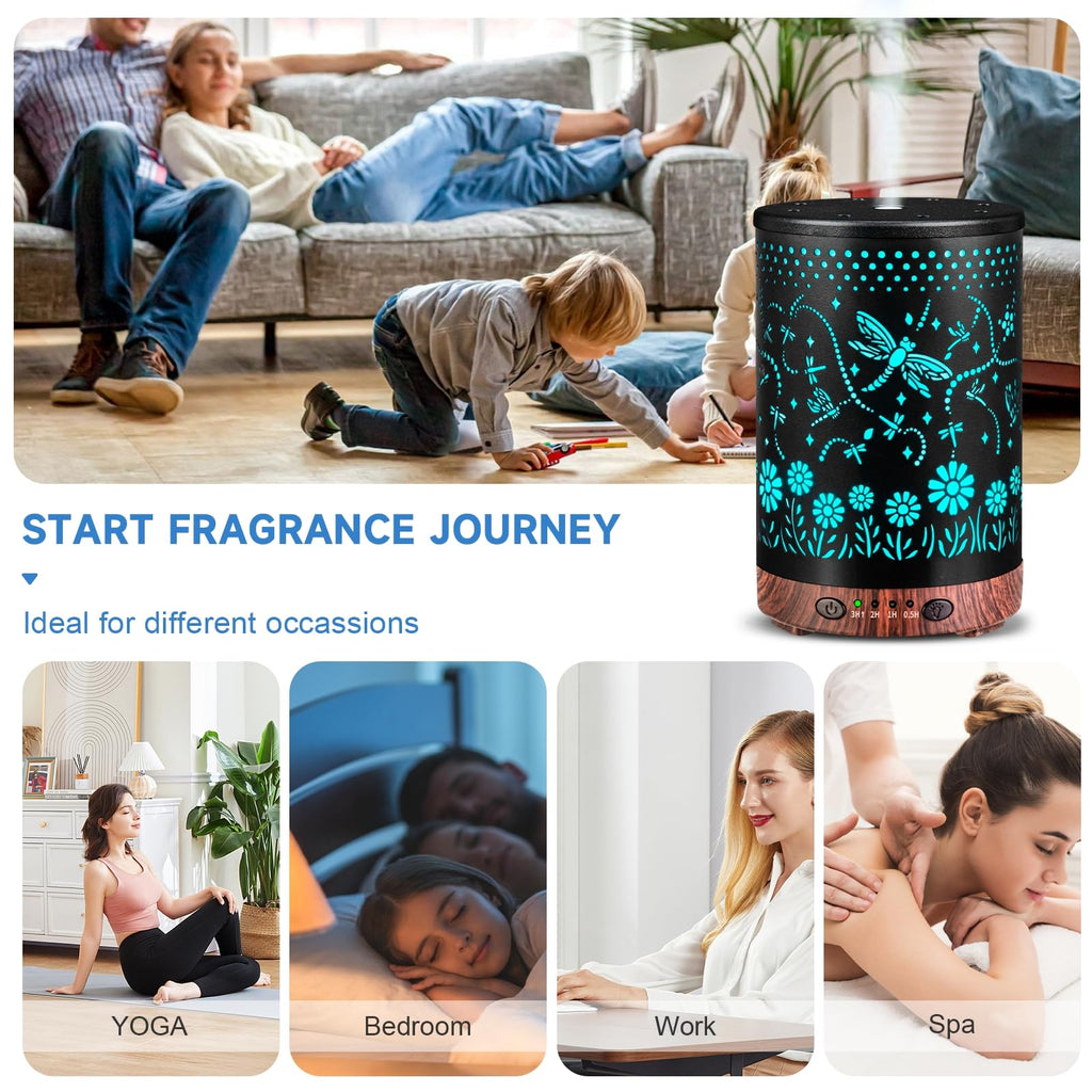 Essential Oil Diffuser 120ML Metal Aromatherapy Diffuser, Cool Mist Humidifier with Auto Shut-Off Protection 7 Color Lights for Home Office Spa (Tree)