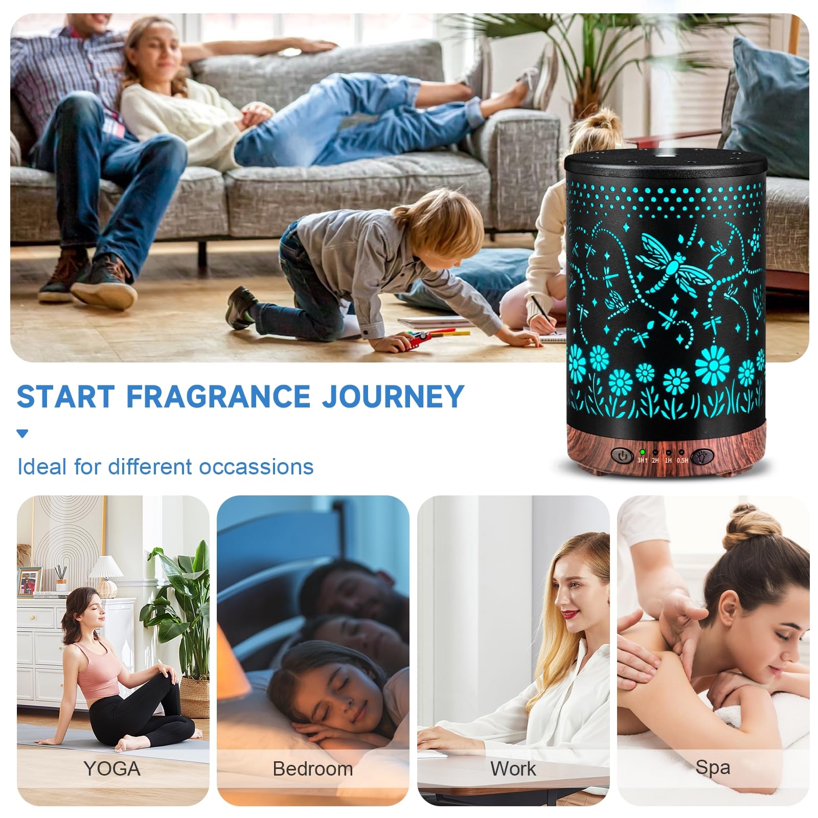 Essential Oil Diffuser 120ML Metal Aromatherapy Diffuser, Cool Mist Humidifier with Auto Shut-Off Protection 7 Color Lights for Home Office Spa (Tree)