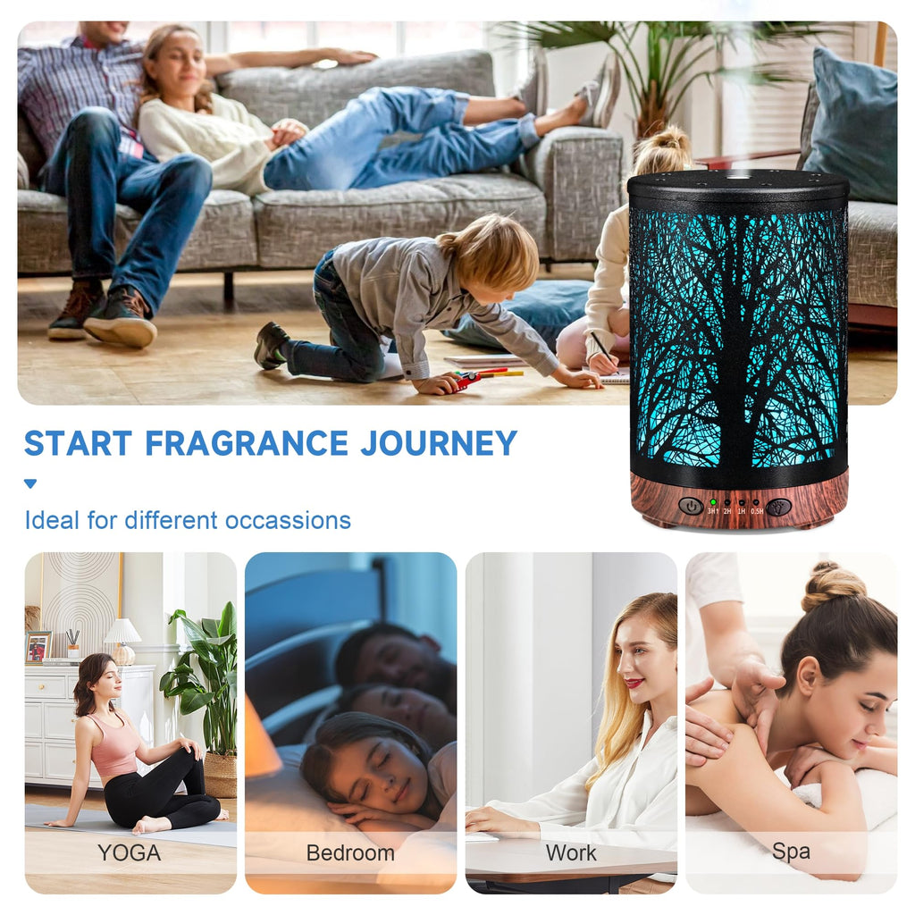 Essential Oil Diffuser 120ML Metal Aromatherapy Diffuser, Cool Mist Humidifier with Auto Shut-Off Protection 7 Color Lights for Home Office Spa (Tree)