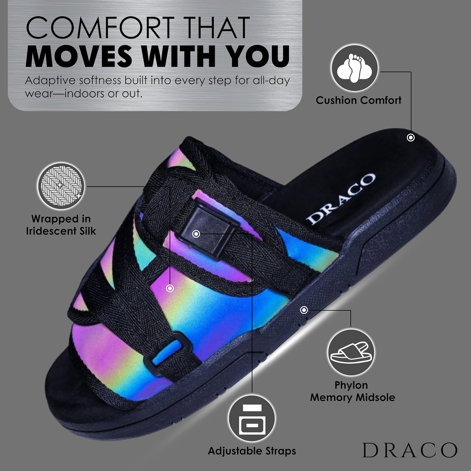 Draco DracoSlides Reflective Slides for Men and Women, Wrapped in Reflective 3M with Adjustable Straps for Wide/Narrow Feet, Sandals with Arch Support & Slip Resistant, Men & Women Footwear, Black