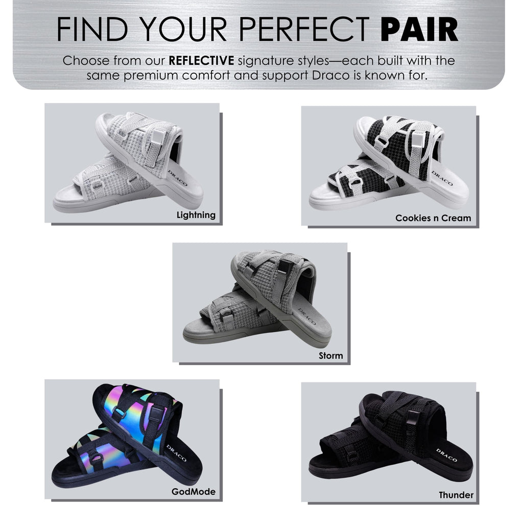 Draco DracoSlides Reflective Slides for Men and Women, Wrapped in Reflective 3M with Adjustable Straps for Wide/Narrow Feet, Sandals with Arch Support & Slip Resistant, Men & Women Footwear, Black