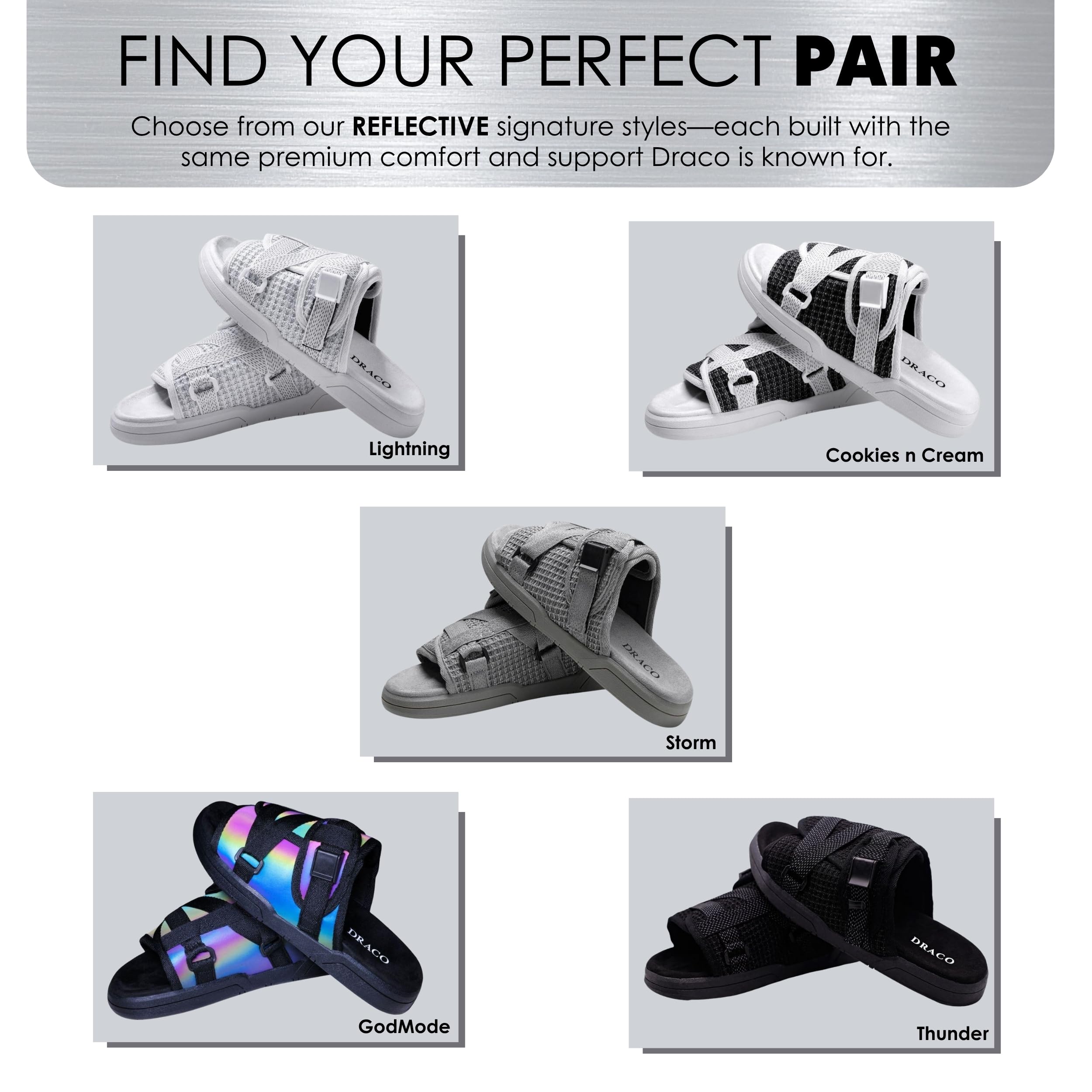 Draco DracoSlides Reflective Slides for Men and Women, Wrapped in Reflective 3M with Adjustable Straps for Wide/Narrow Feet, Sandals with Arch Support & Slip Resistant, Men & Women Footwear, Black