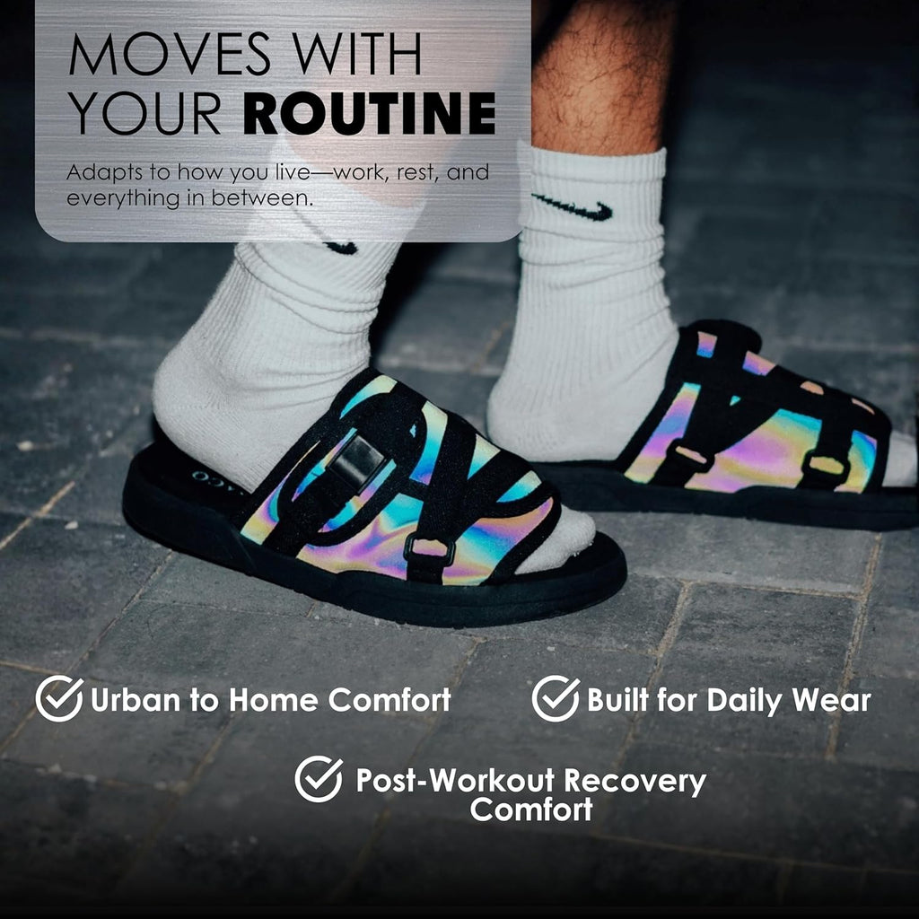 Draco DracoSlides Reflective Slides for Men and Women, Wrapped in Reflective 3M with Adjustable Straps for Wide/Narrow Feet, Sandals with Arch Support & Slip Resistant, Men & Women Footwear, Black