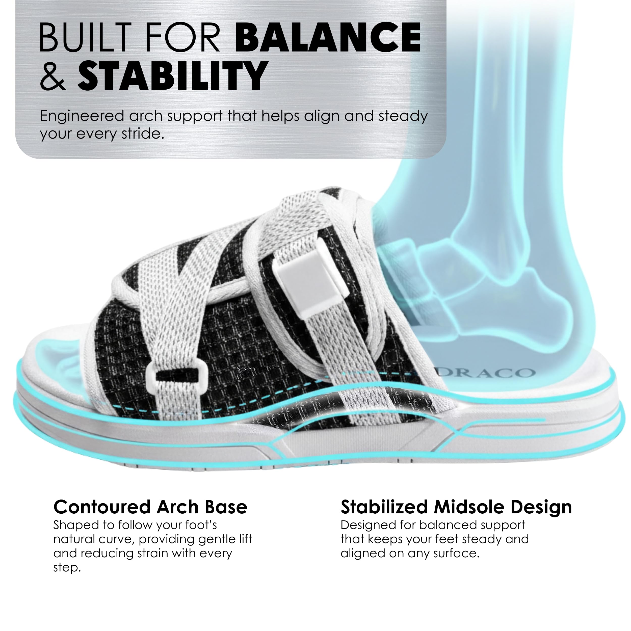 Draco DracoSlides Reflective Slides for Men and Women, Wrapped in Reflective 3M with Adjustable Straps for Wide/Narrow Feet, Sandals with Arch Support & Slip Resistant, Men & Women Footwear, Black