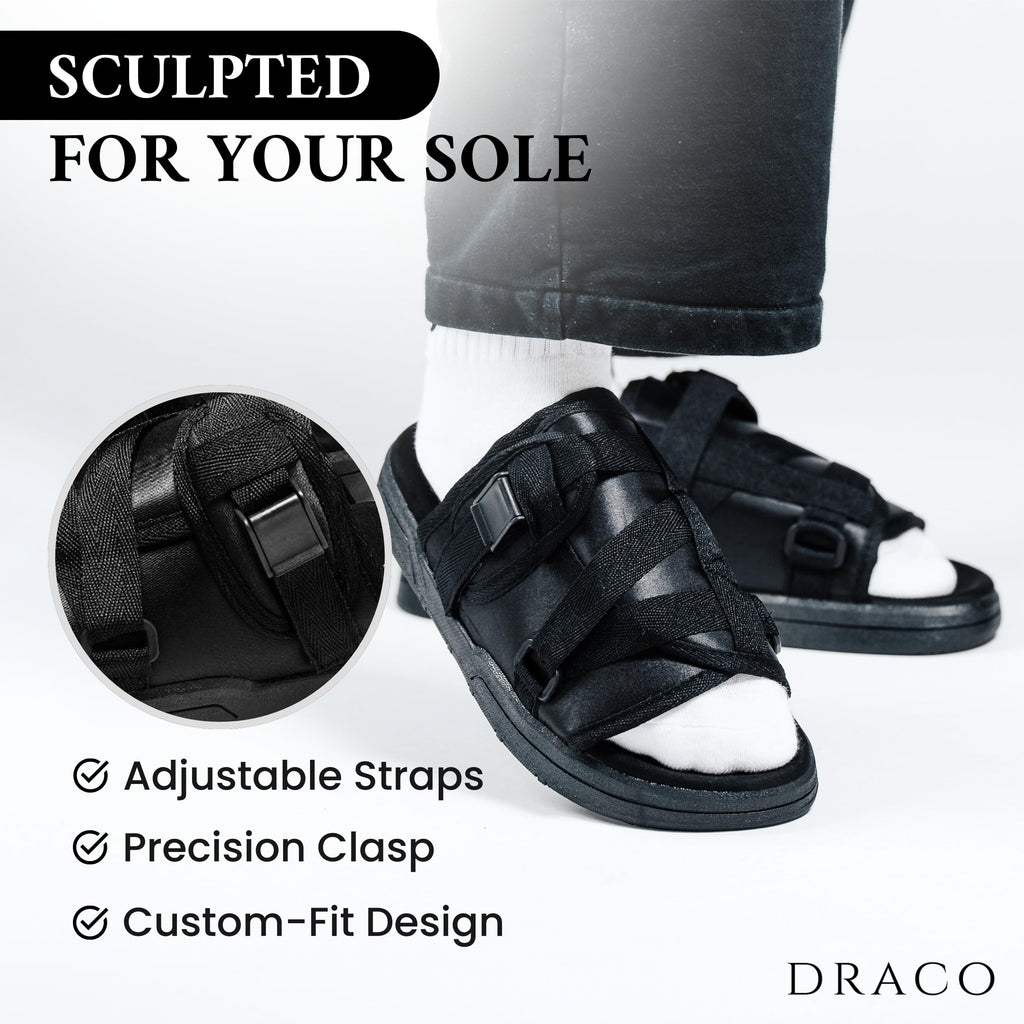 DracoSlides Original Slides for Men and Women, Made from Silk with Adjustable Straps for Wide/Narrow Feet, Sandals with Arch Support & Slip Resistant, Men & Women Footwear, Black