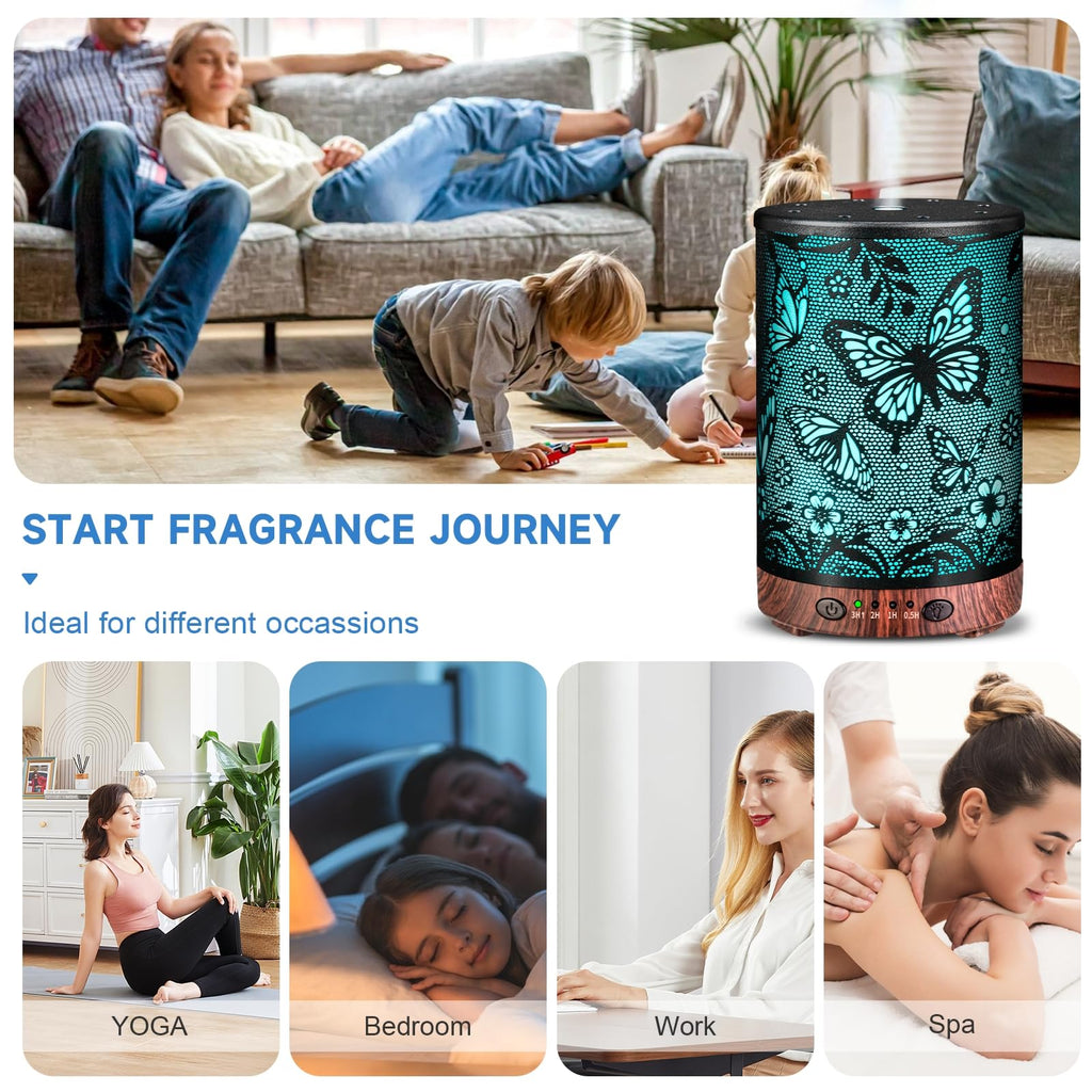 Essential Oil Diffuser 120ML Metal Aromatherapy Diffuser, Cool Mist Humidifier with Auto Shut-Off Protection 7 Color Lights for Home Office Spa (Tree)