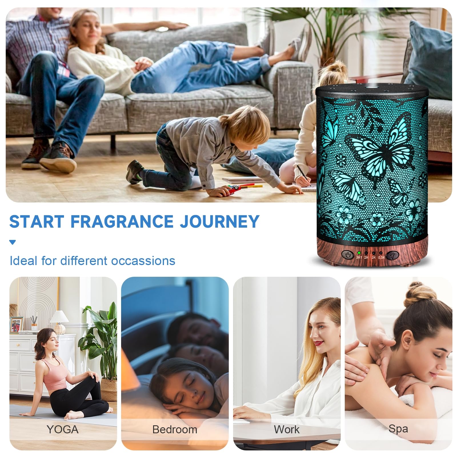 Essential Oil Diffuser 120ML Metal Aromatherapy Diffuser, Cool Mist Humidifier with Auto Shut-Off Protection 7 Color Lights for Home Office Spa (Tree)