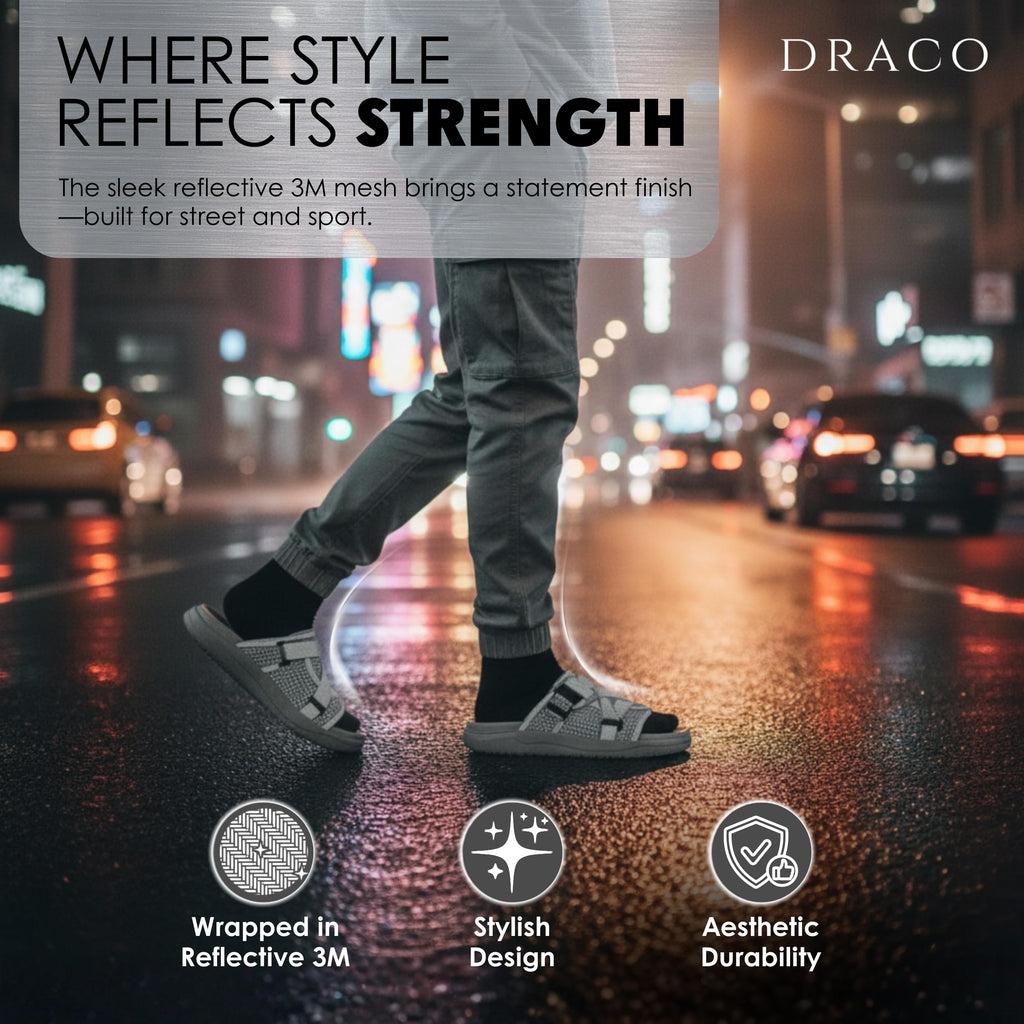 Draco DracoSlides Reflective Slides for Men and Women, Wrapped in Reflective 3M with Adjustable Straps for Wide/Narrow Feet, Sandals with Arch Support & Slip Resistant, Men & Women Footwear, Black