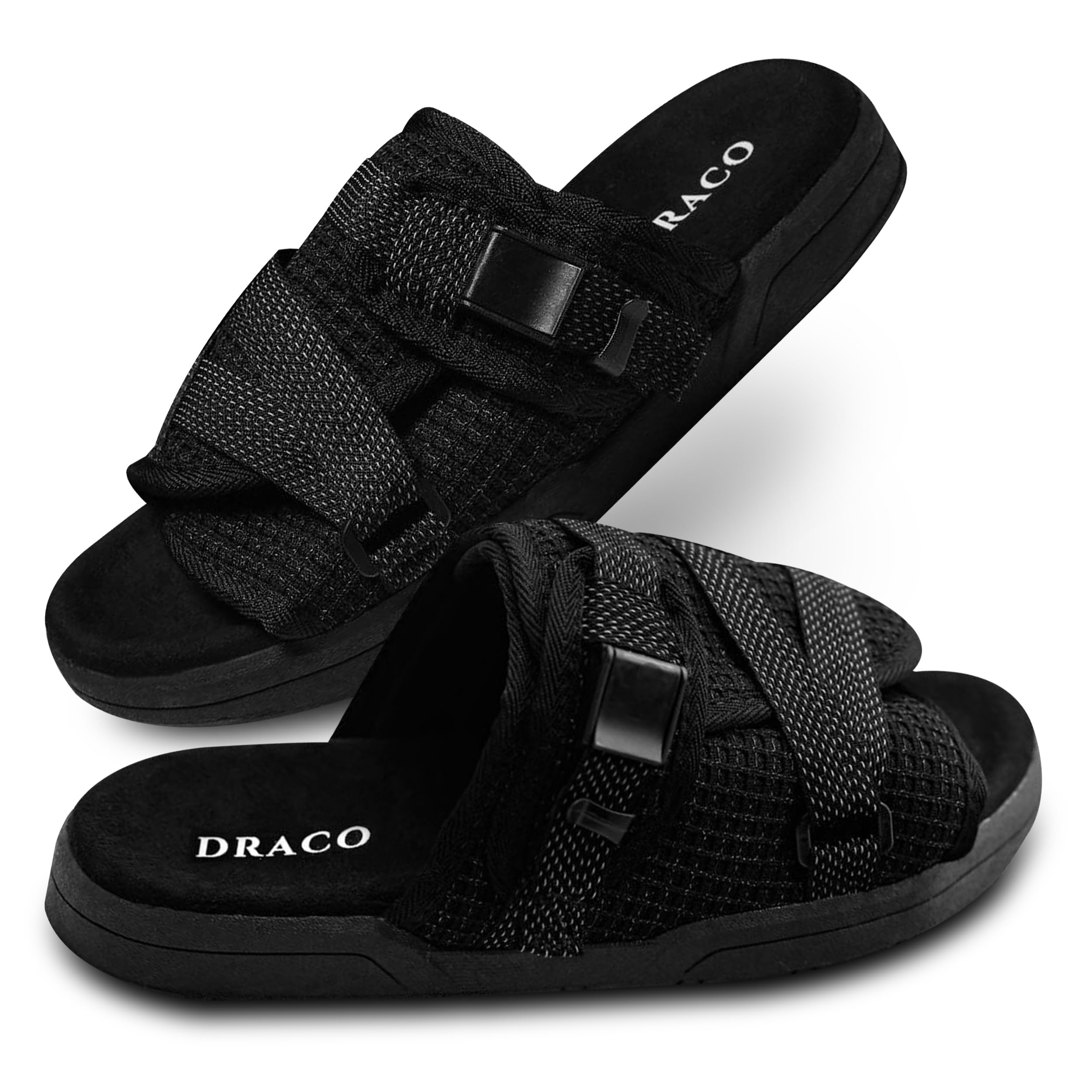 Draco DracoSlides Reflective Slides for Men and Women, Wrapped in Reflective 3M with Adjustable Straps for Wide/Narrow Feet, Sandals with Arch Support & Slip Resistant, Men & Women Footwear, Black