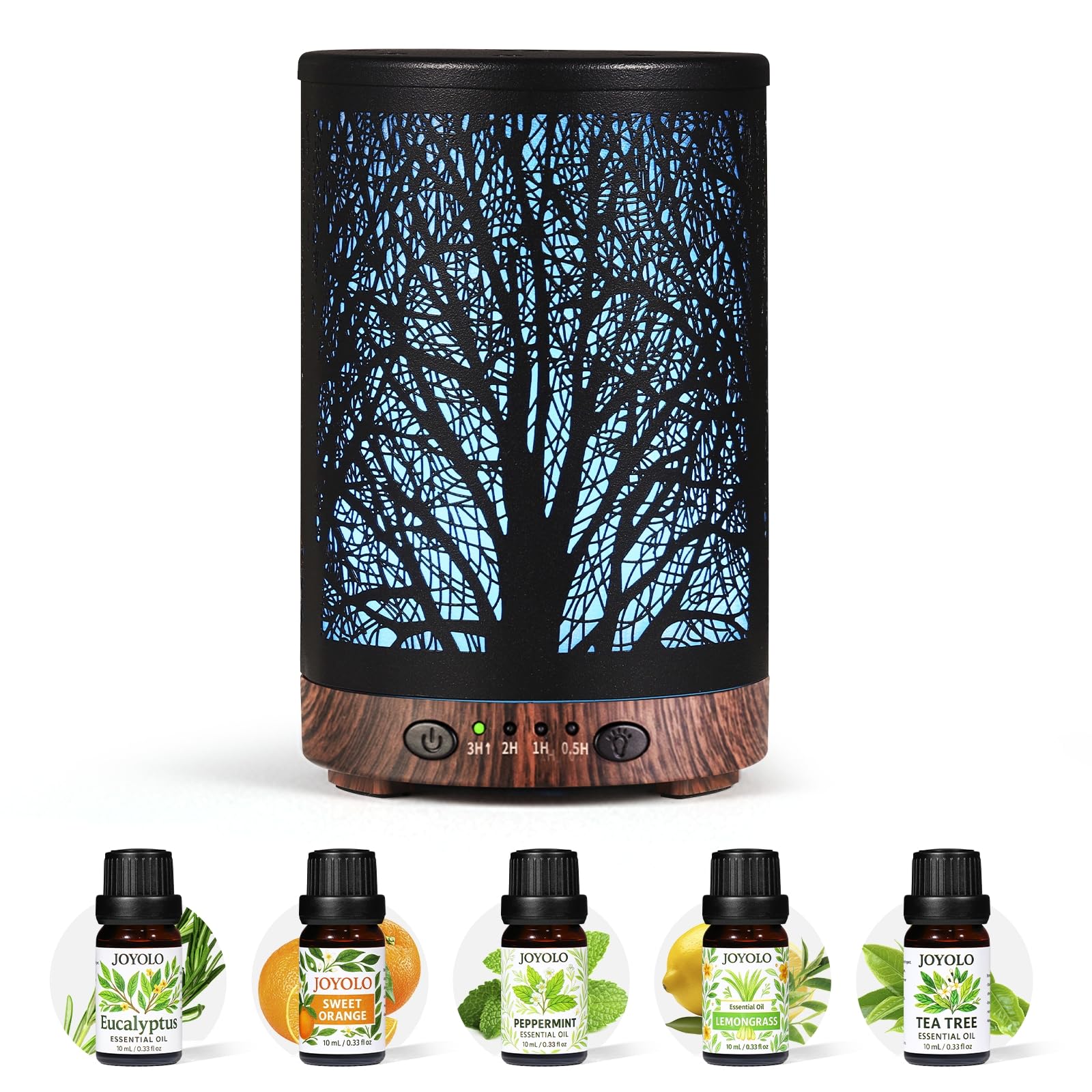 Essential Oil Diffuser 120ML Metal Aromatherapy Diffuser, Cool Mist Humidifier with Auto Shut-Off Protection 7 Color Lights for Home Office Spa (Tree)