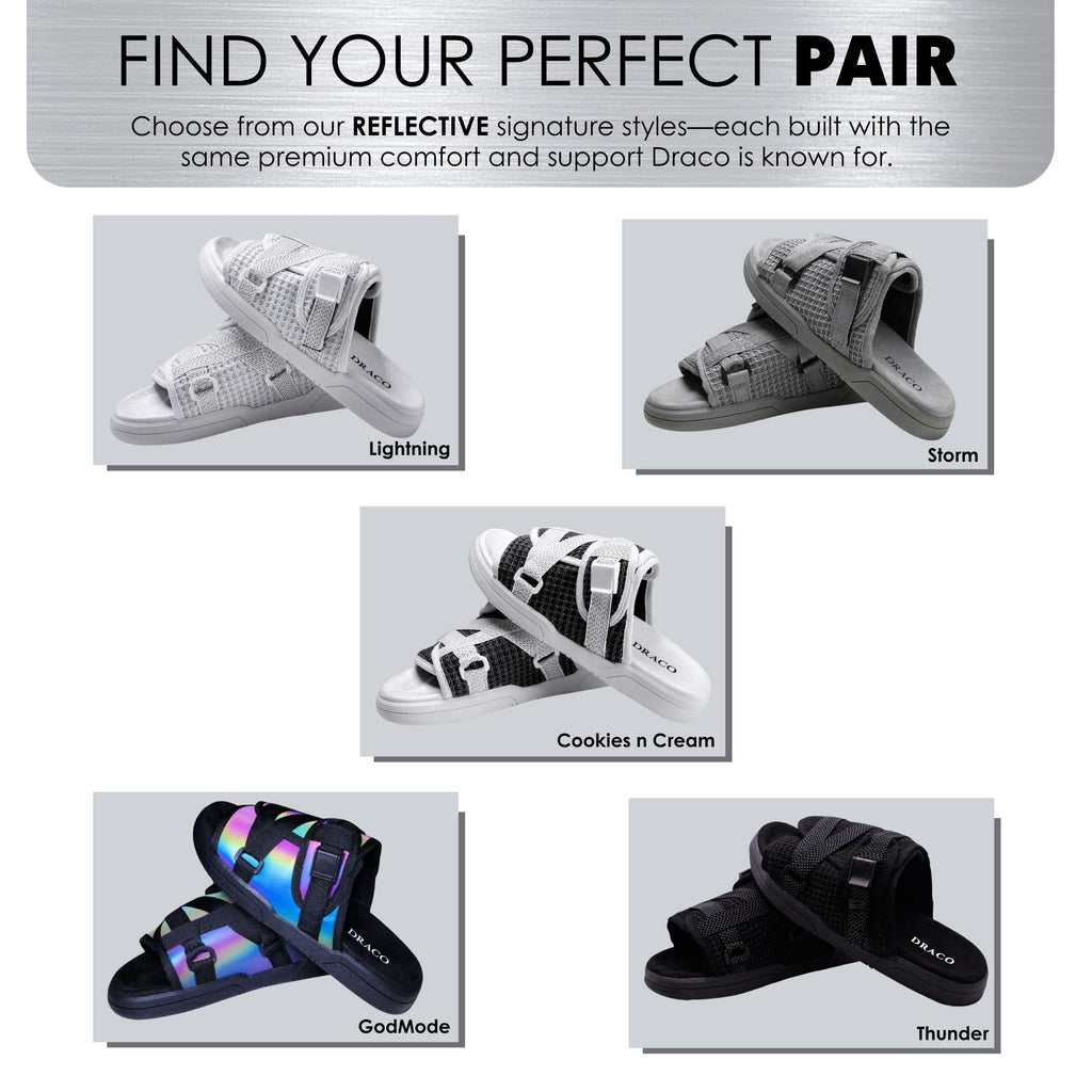 Draco DracoSlides Reflective Slides for Men and Women, Wrapped in Reflective 3M with Adjustable Straps for Wide/Narrow Feet, Sandals with Arch Support & Slip Resistant, Men & Women Footwear, Black