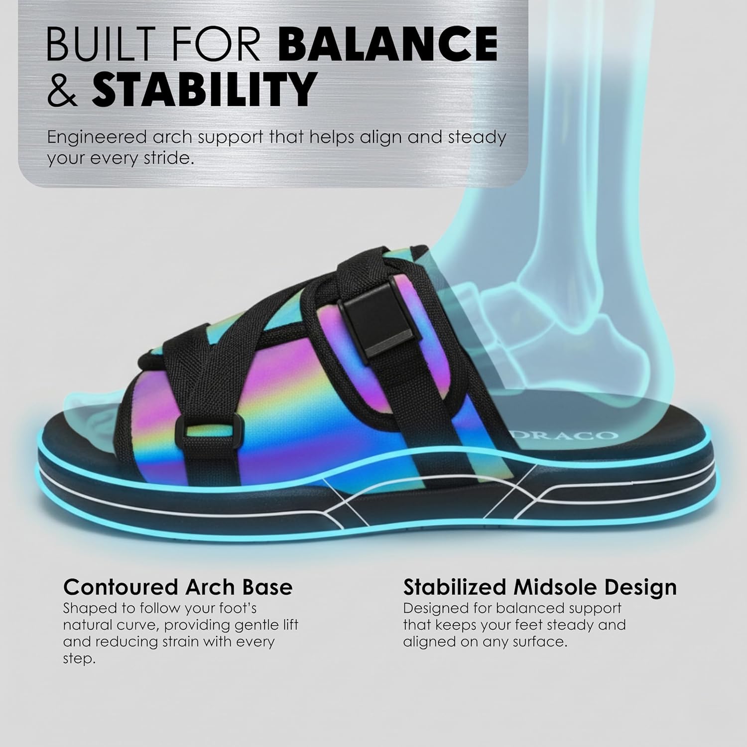 Draco DracoSlides Reflective Slides for Men and Women, Wrapped in Reflective 3M with Adjustable Straps for Wide/Narrow Feet, Sandals with Arch Support & Slip Resistant, Men & Women Footwear, Black