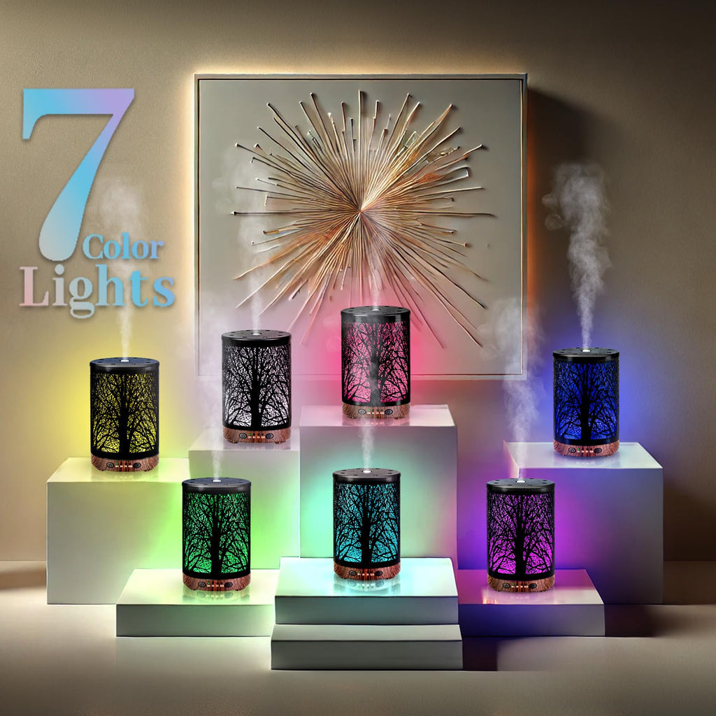 Essential Oil Diffuser 120ML Metal Aromatherapy Diffuser, Cool Mist Humidifier with Auto Shut-Off Protection 7 Color Lights for Home Office Spa (Tree)