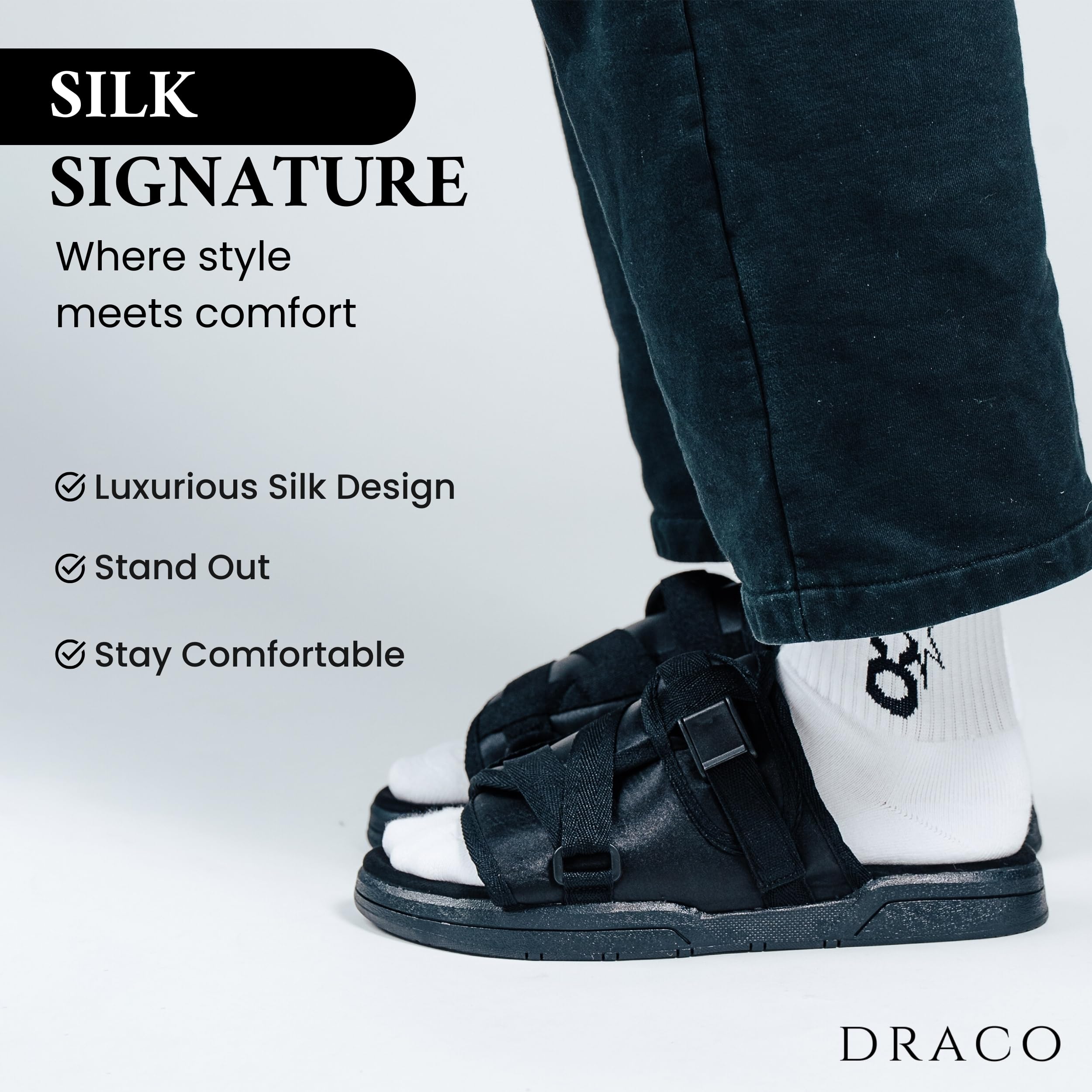 DracoSlides Original Slides for Men and Women, Made from Silk with Adjustable Straps for Wide/Narrow Feet, Sandals with Arch Support & Slip Resistant, Men & Women Footwear, Black