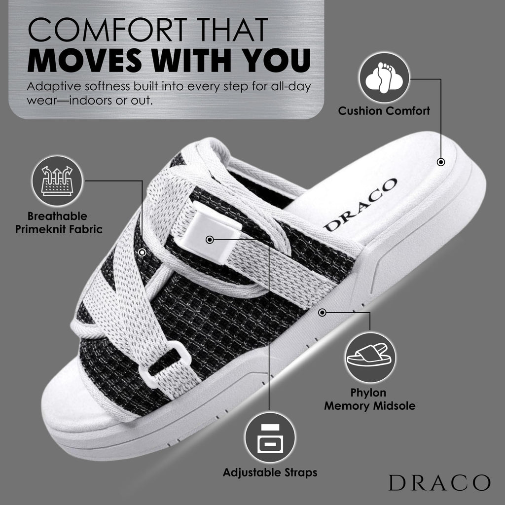 Draco DracoSlides Reflective Slides for Men and Women, Wrapped in Reflective 3M with Adjustable Straps for Wide/Narrow Feet, Sandals with Arch Support & Slip Resistant, Men & Women Footwear, Black